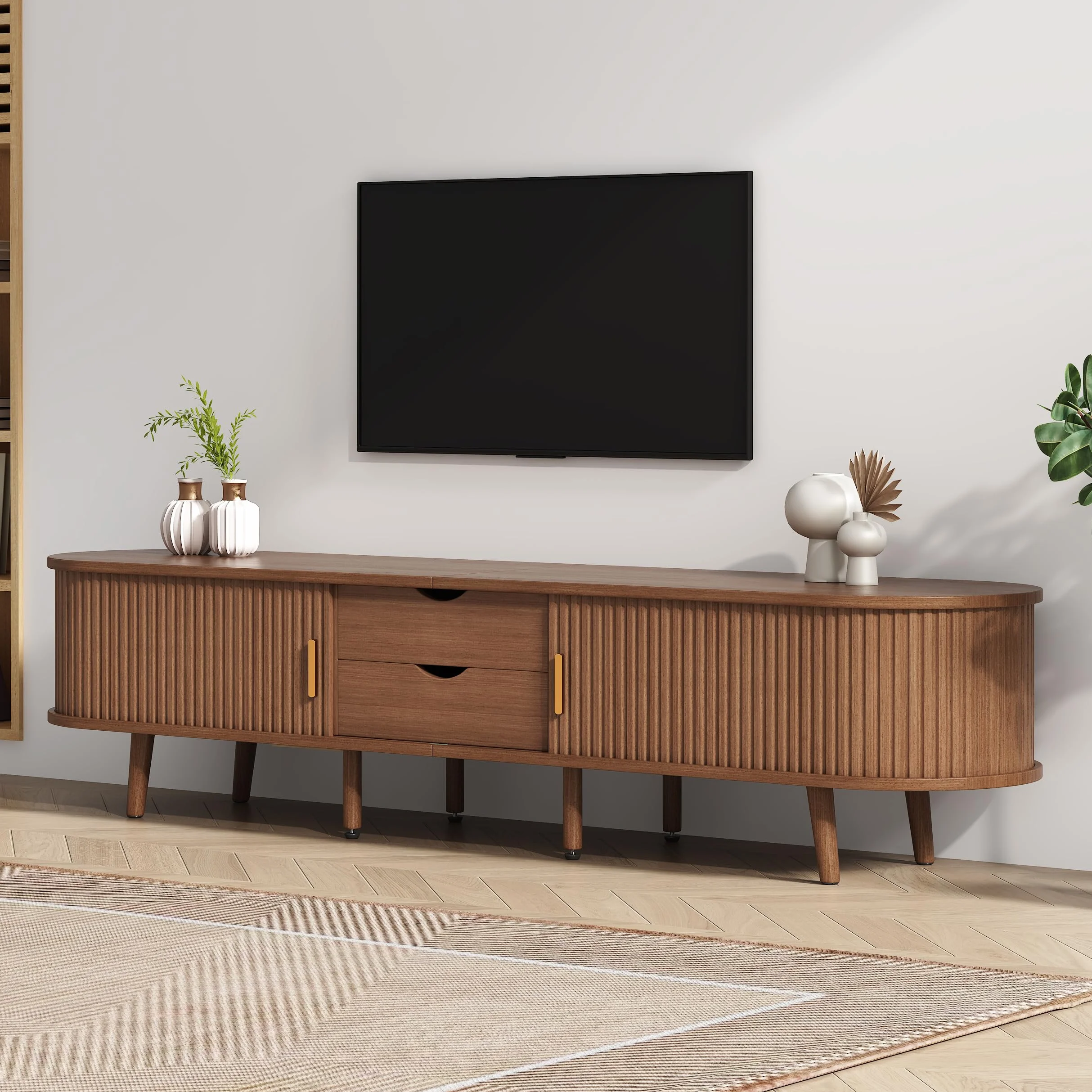 Armario de TV de salón con espacio de almacenamiento y tablero redondo de madera de densidad media con 2 cajones, apto para 175 x 40 x 42 cm