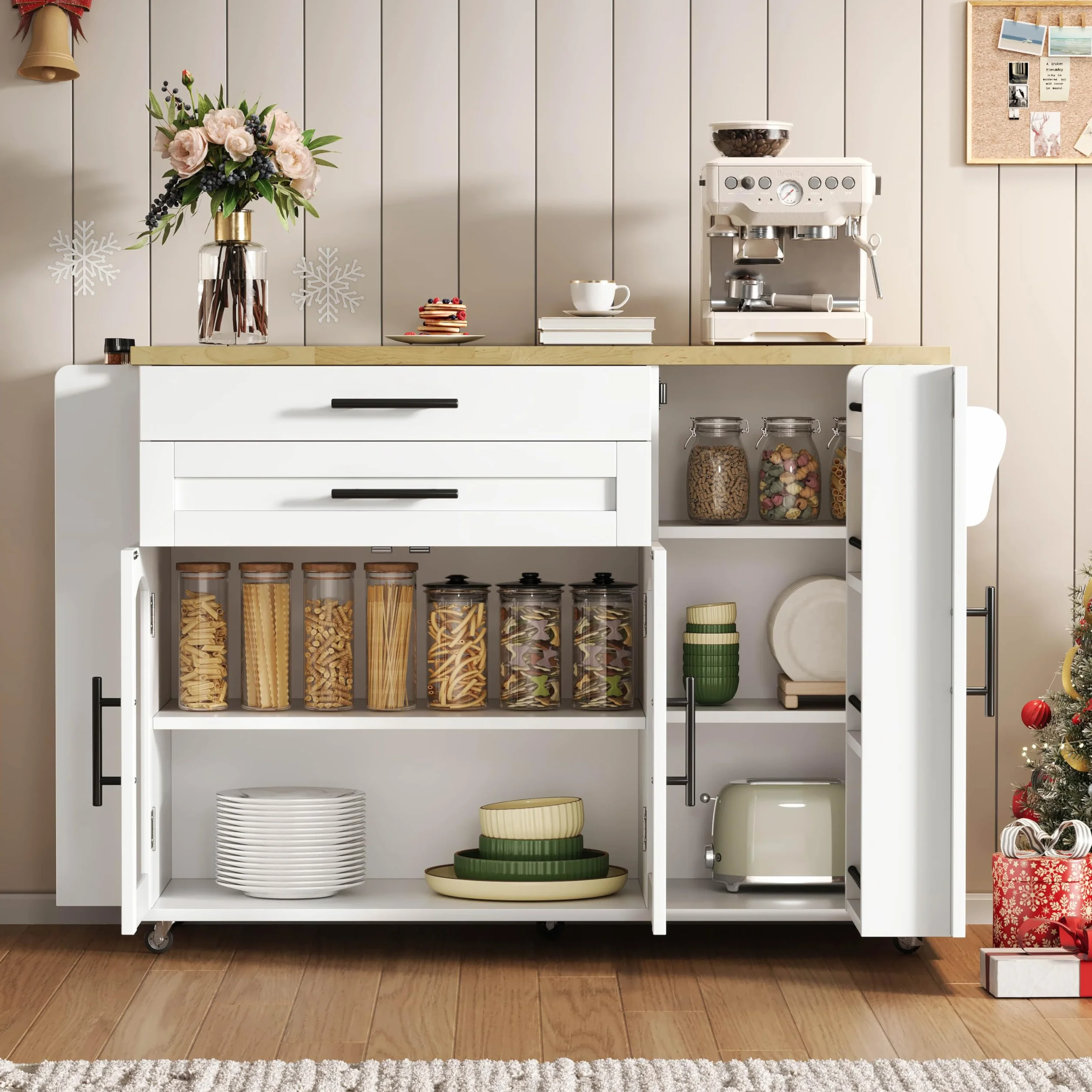 Isla de cocina con encimera, carrito de cocina independiente con 5 ruedas, armario de cocina con estante para especias y cajón, para cocina y comedor 120 x 45 x 90 cm (blanco)