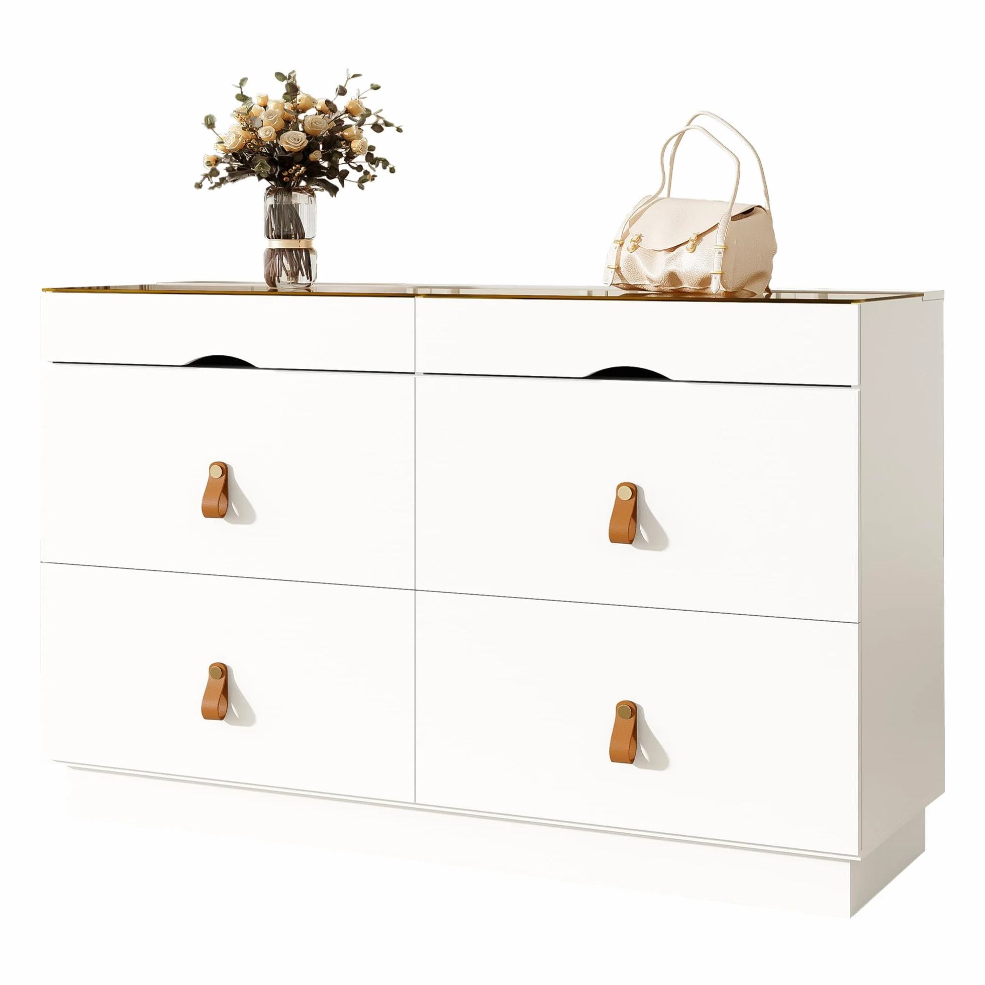 Aparador de cristal de seguridad con 6 cajones, antiinclinación, armario alto para dormitorio y todos los espacios de estar, 120 x 40 x 78 cm, color blanco