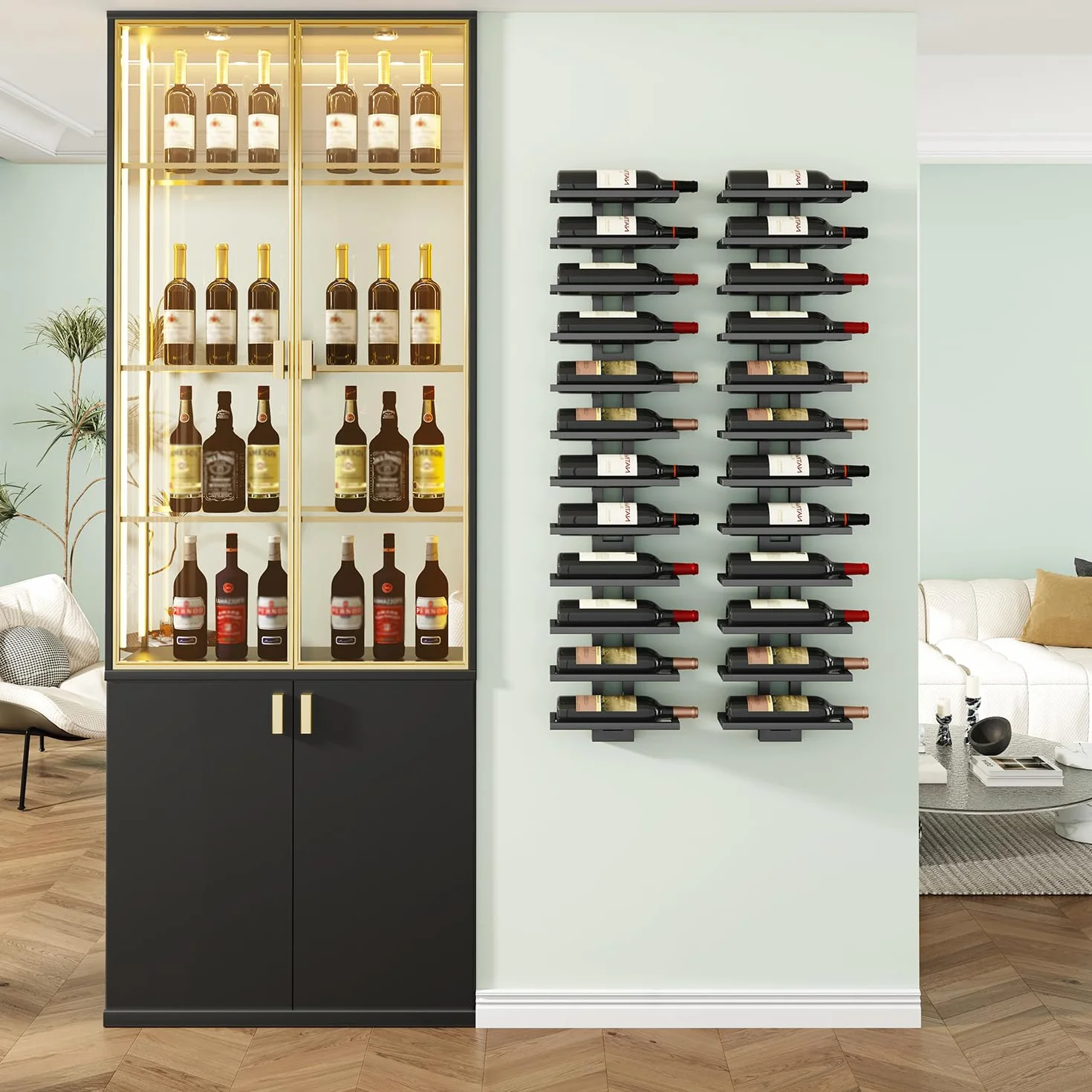 IBUYKE Botellero Pared para 12 Botellas, Botellero Vertical de Metal para Botellas de Vino,Licores, Champán,Estante de Vino Montado DIY para Cocina, Comedor, Bar, Negro, TMJ909B