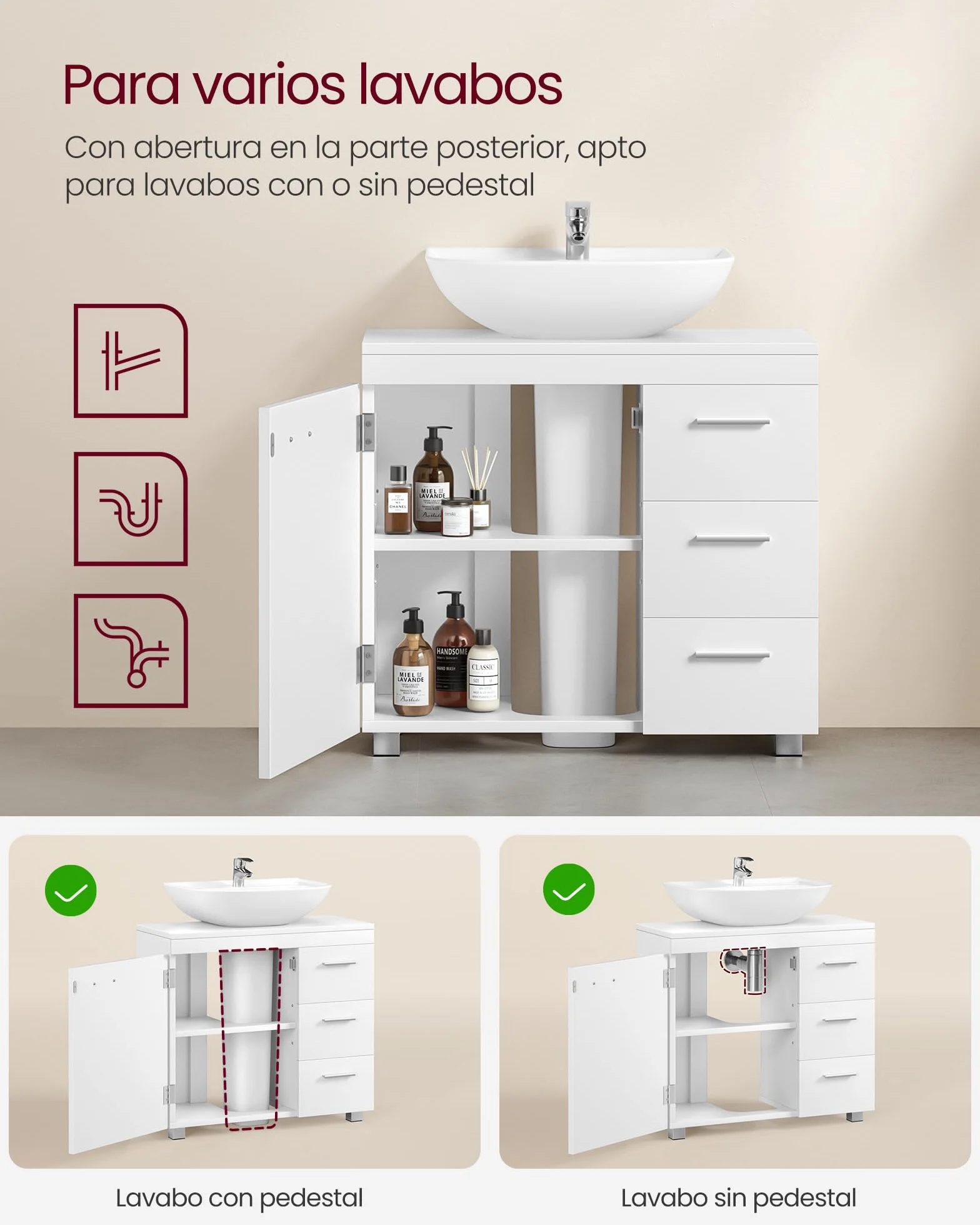 VASAGLE Mueble Bajo Lavabo Armario de Baño 3 Cajones 30x70x64 cm Blanco Nube