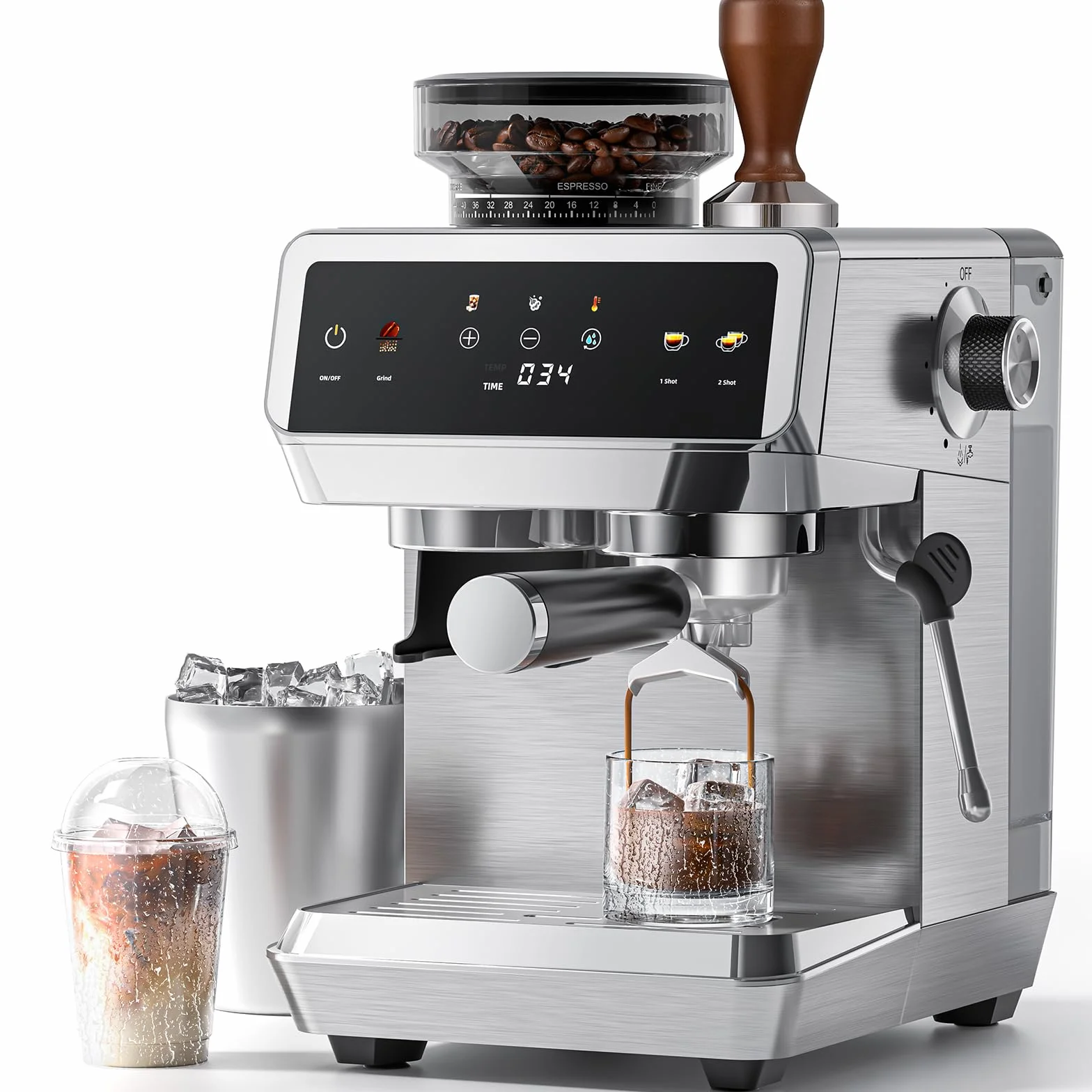 AMZCHEF Cafetera Espresso con Molinillo Integrado 20 Bares – Máquina de Café con 44 Ajustes de Molienda，Vaporizador de Leche, 4 Temperaturas, Función Café Frío, Acero Inoxidable, Depósito 1.8L
