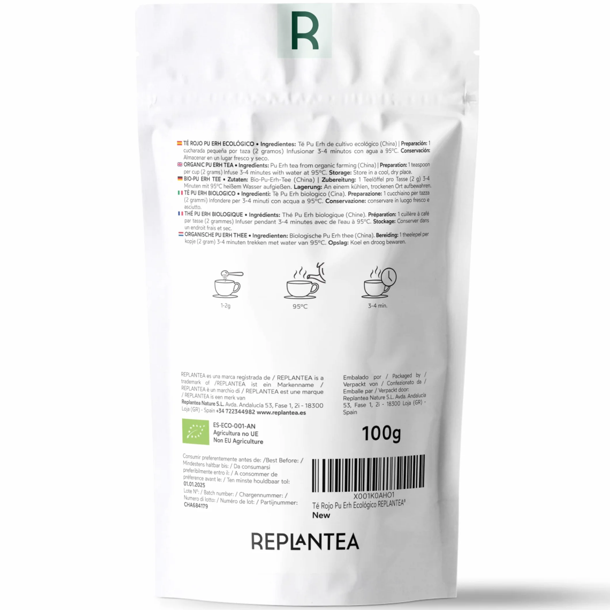 REPLANTEA® Té Pu Erh Orgánico 100g 50 Tazas Diurético Digestivo Detox