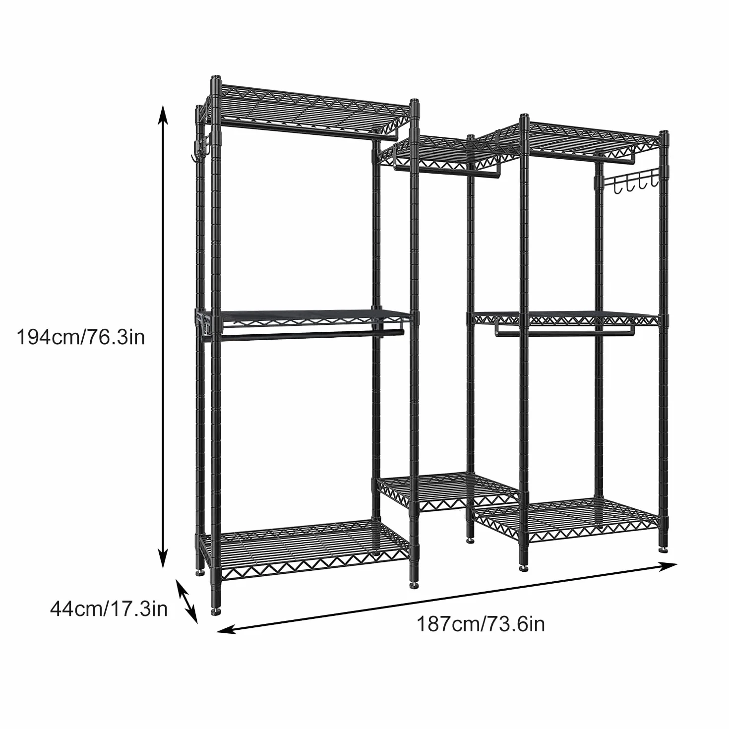 Armario Abierto para Dormitorio, Perchero Resistente de Gran Capacidad 380KG, Vestidor Modular con Estantes y Barras Ajustables, Organizador de Ropa y Almacenaje 45D x 187W x 195H CM, Negro