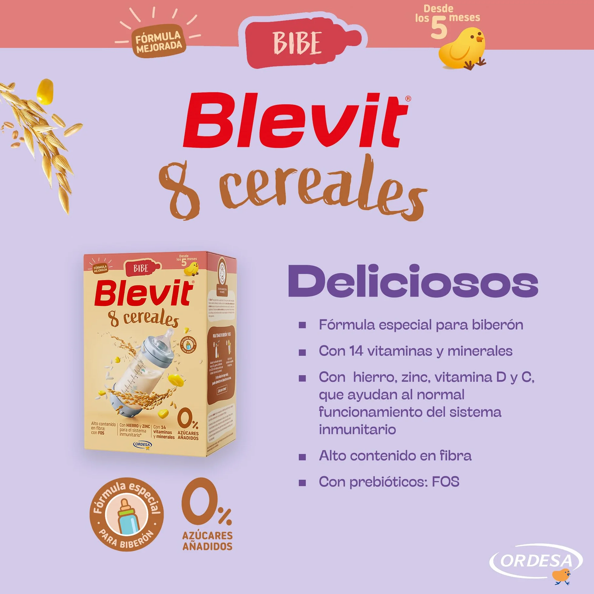 Blevit Bibe 8 Cereales 500g Papilla para Bebé 5 Meses 95% Cereales 14 Vitaminas y Minerales