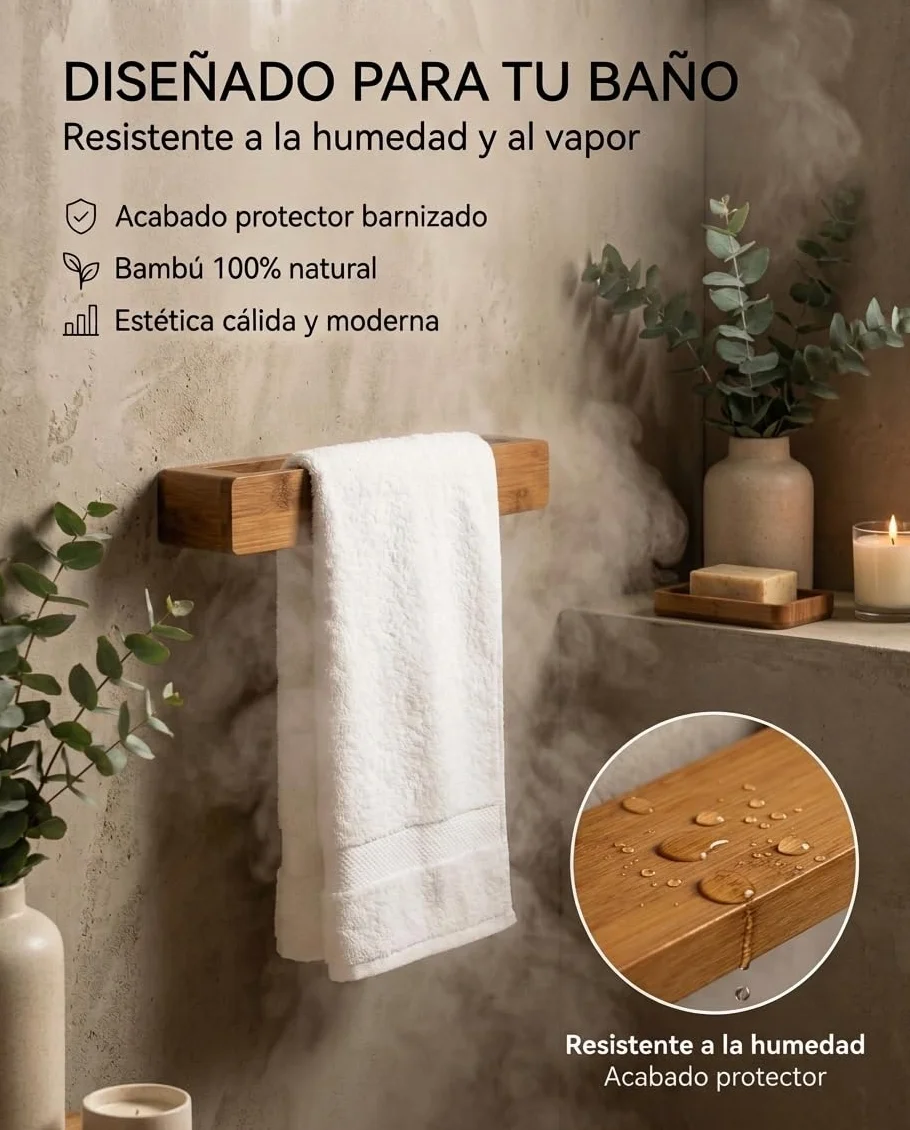 Toallero de Baño sin Taladro Bambú Natural Adhesivo Extra Fuerte 5kgs 23cm