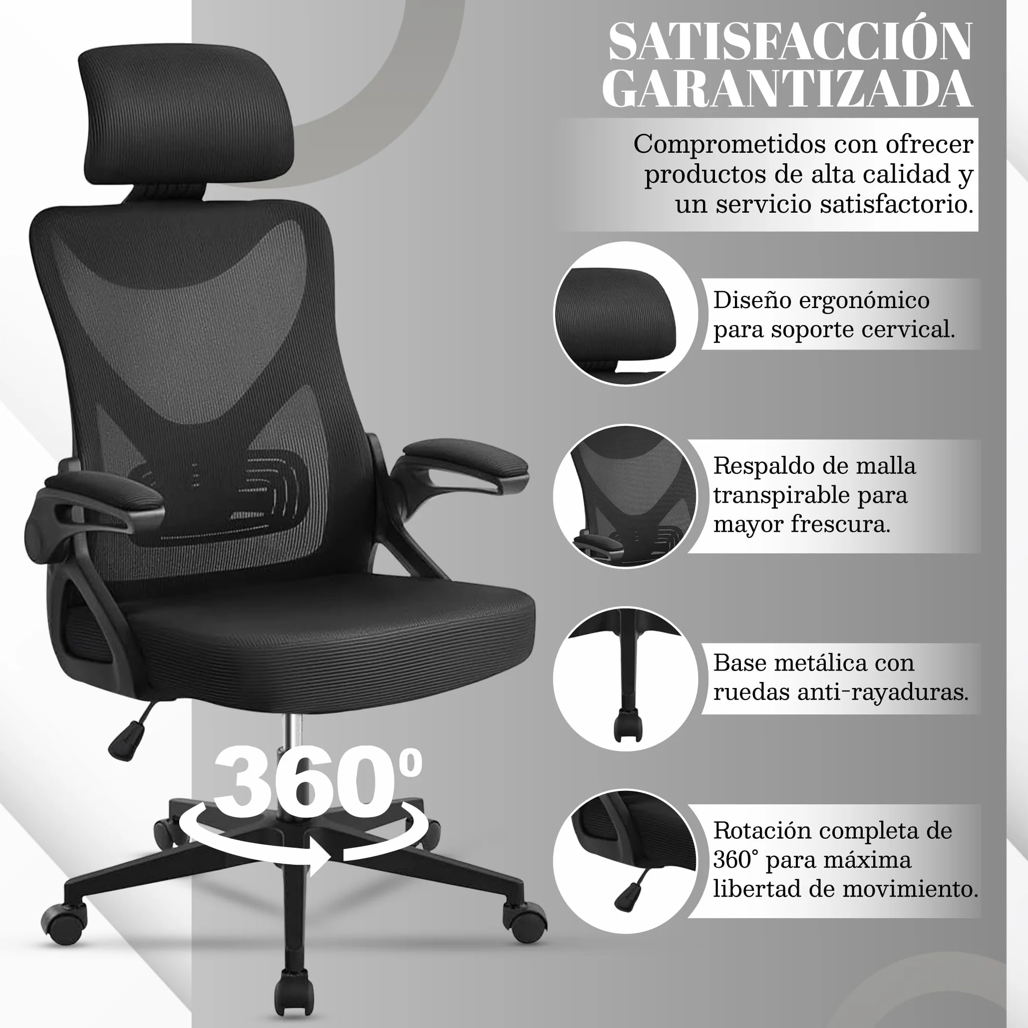 EveryKip Silla Escritorio Ergonomica Ajustable con Reposabrazos Beige Ruedas Anti-Arañazos Sillas Oficina Ejecutiva con Reposacabezas Negro