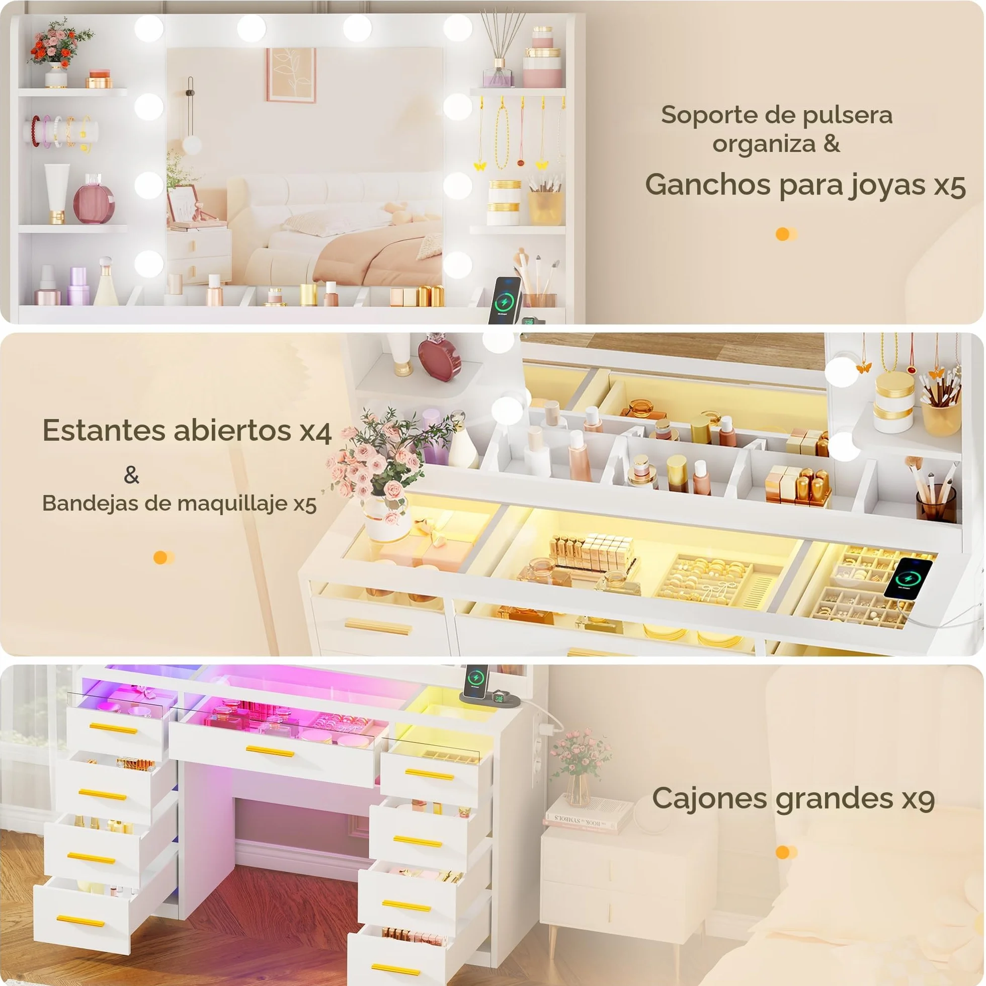 ANWBROAD Grande Tocador de Maquillaje con Espejo y Luces LED, 9 Cajones RGB, Mesa Moderna Blanco BDT95W