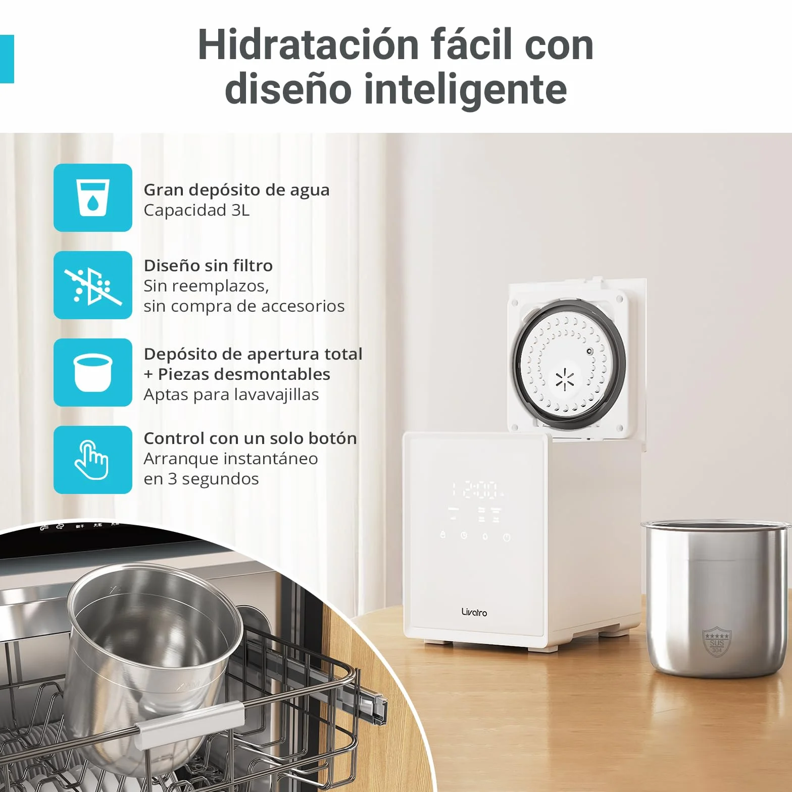 Livatro Humidificador de Aire 3L Top-Fill, Humidificador de Vapor Caliente de Acero Inoxidable, Reduce el 99,97% de las Bacterias,Temporizador y Modo Sueño,para Bebés,Oficina, Dormitorio,Sala de Estar