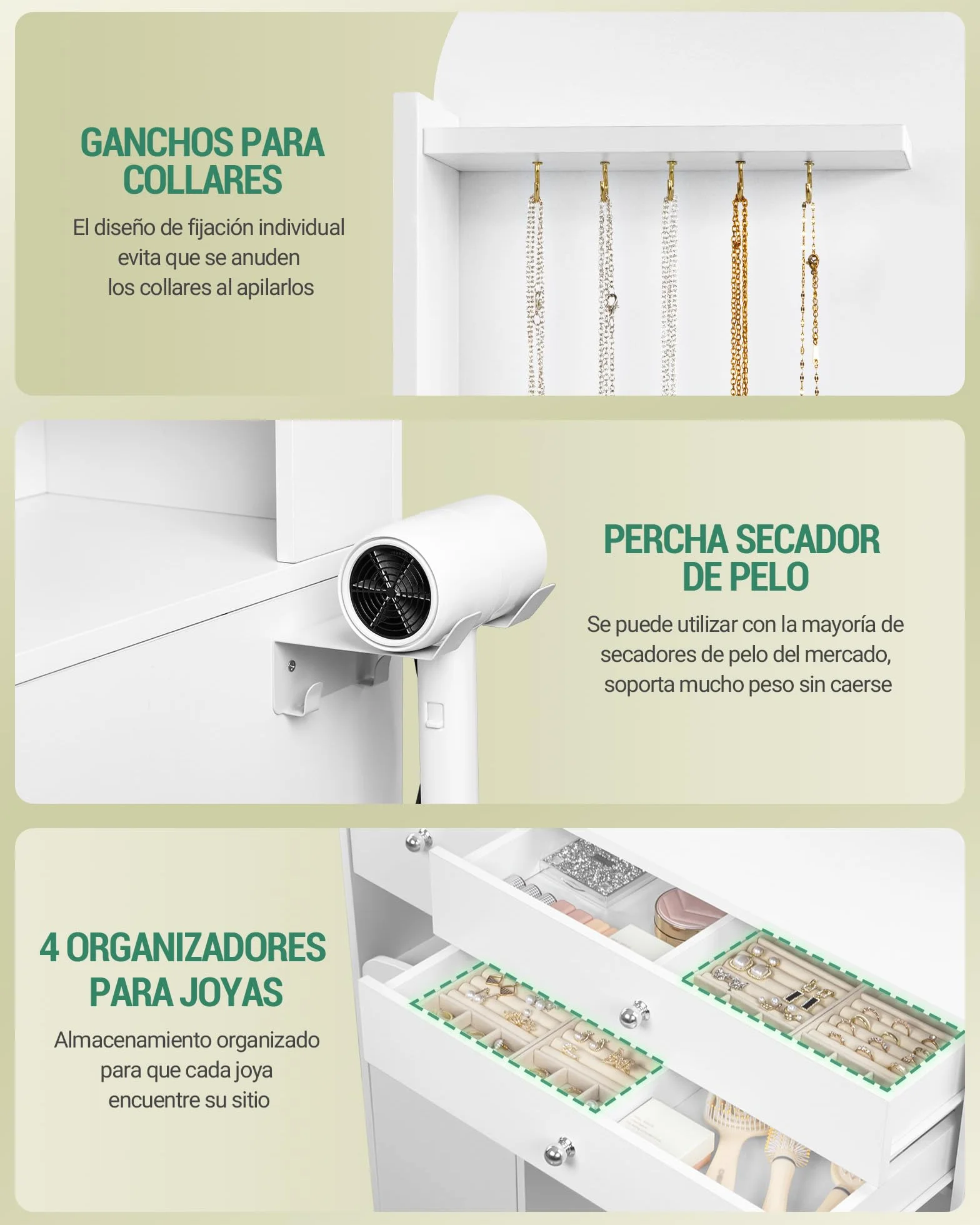Hzuaneri Tocador con LED, Tocador de Maquillaje con Enchufe y Soporte para Secador de Pelo,108 cm Tablero, con 2 Cajones Grandes con Espacio para Guardar Joyas, 2 Armarios, 40 x 108 x 145 cm Blanco