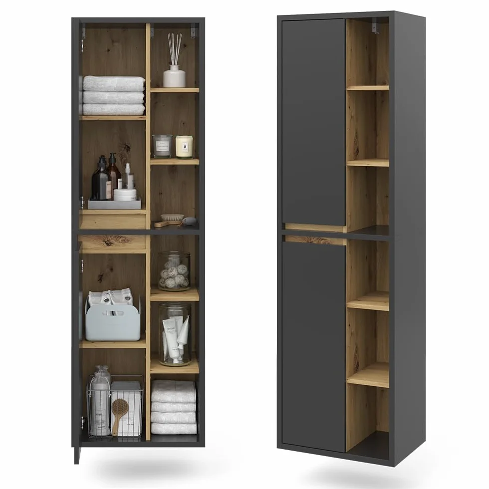 Vicco Armario de baño Viola, Antracita, 50 x 170 cm con Puertas y Compartimentos Abiertos, Apto para Montaje en Pared y combinable con Otros Muebles Viola