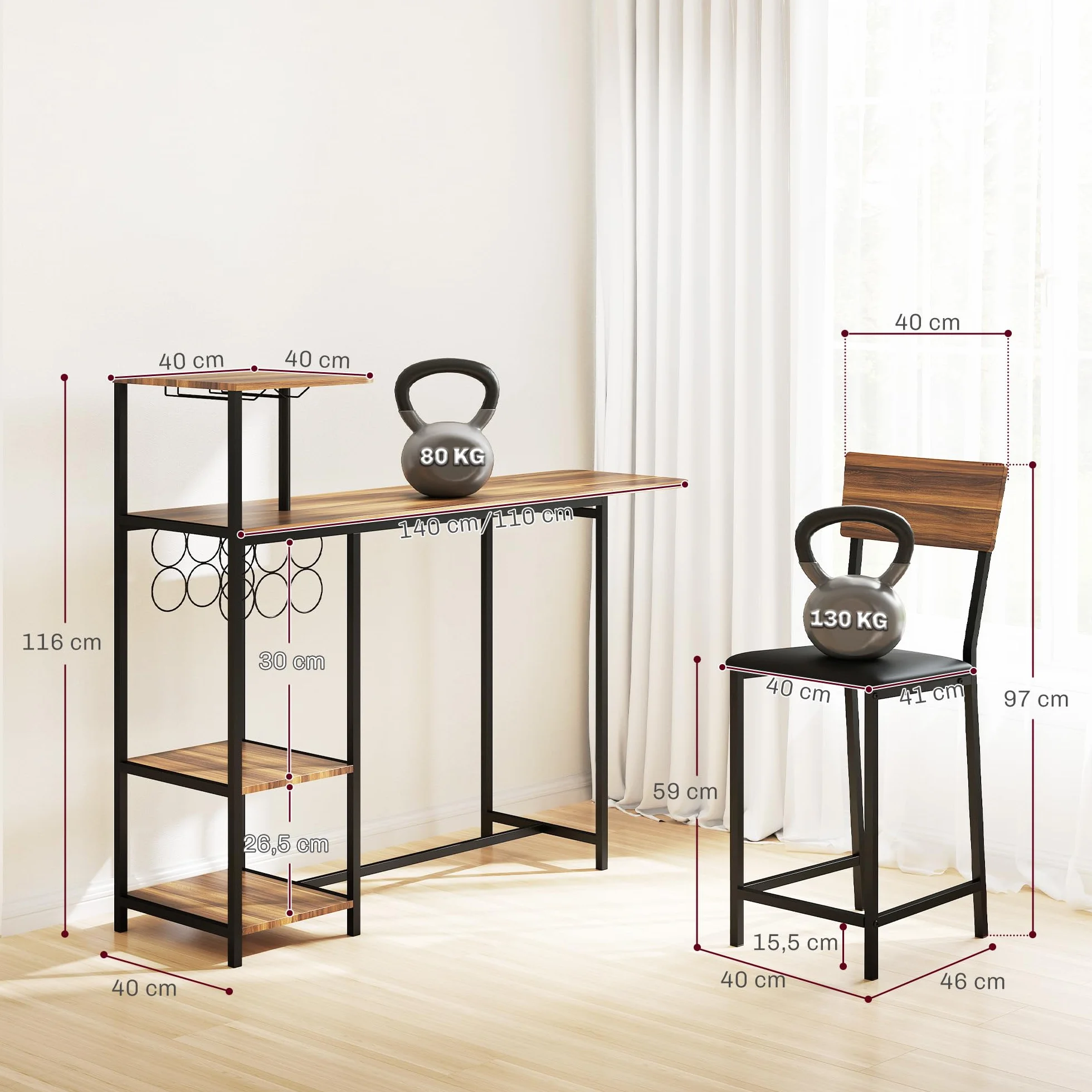 HOMCOM Juego de Mesa y Taburetes de Bar Mesa Alta de Cocina con 2 Taburetes Laterales Abatibles Soporte para Vinos y Estantes Estilo Industrial Marrón y Negro