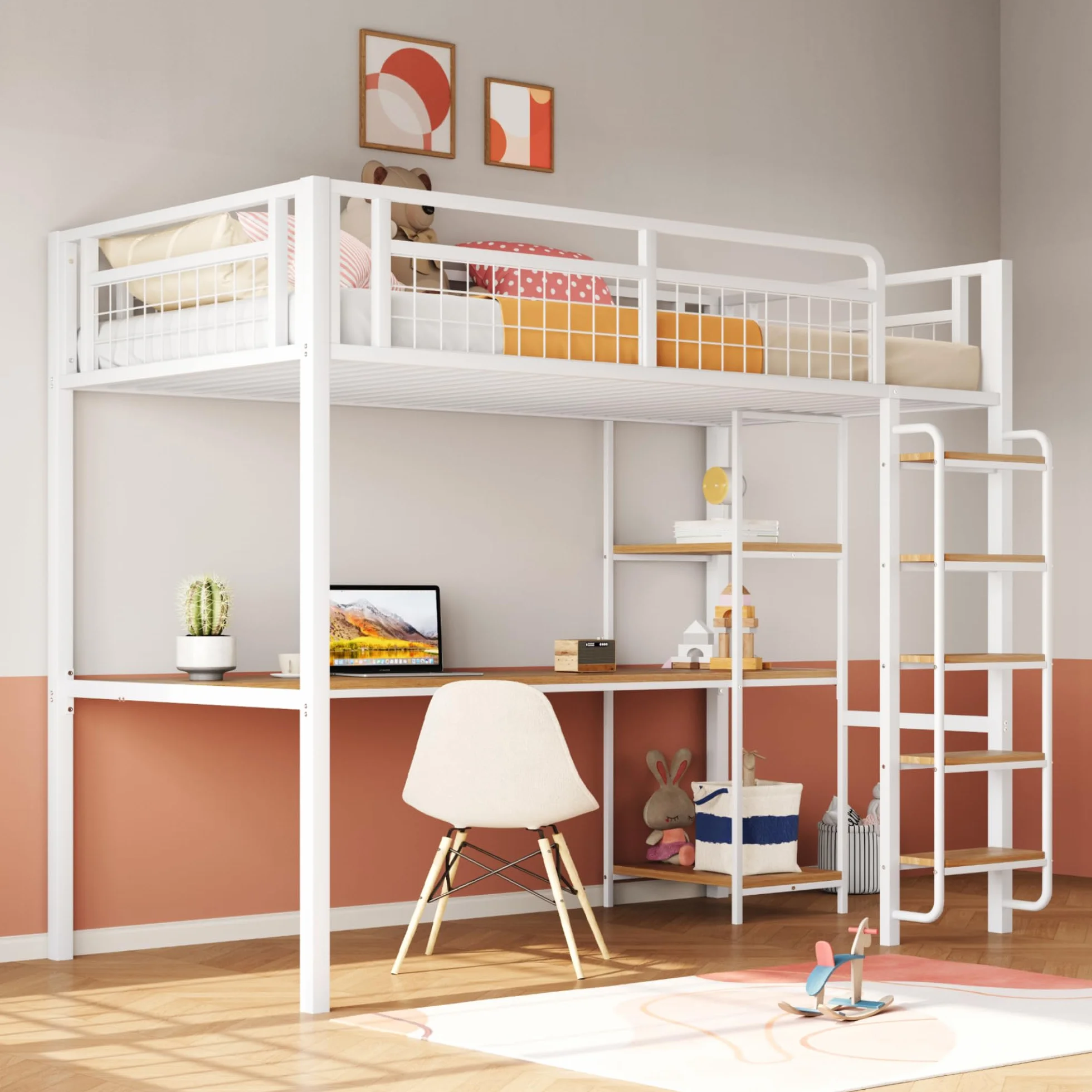 Cama alta de metal 90x200 cm con escalera y valla de seguridad blanca