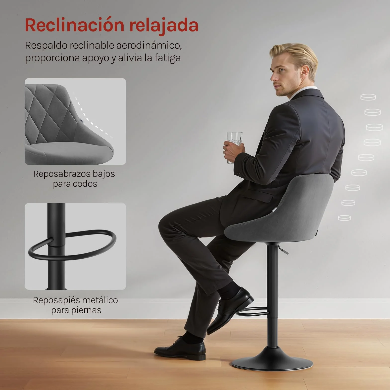 WOLTU 2X Taburete de Bar con Respaldo Terciopelo Regulable en Altura Gris Oscuro