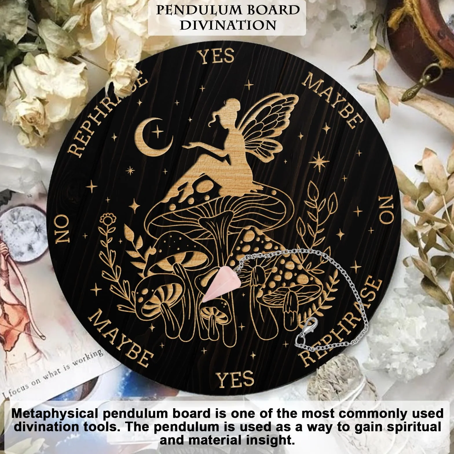 AHANDMAKER Juego de tablero de péndulo, tablero de madera para adivinación, tablero de mensajes metafísicos con collar de péndulo de cristal para brujería, kit de suministros de altar wiccano, hada,
