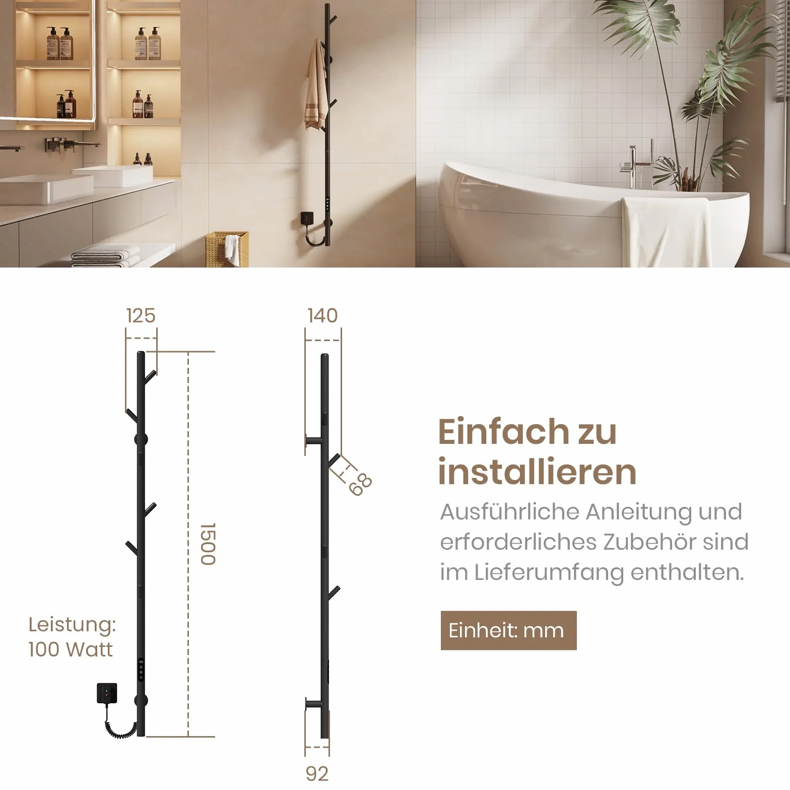 EMKE Toallero Eléctrico de baño, Diseño de toallero eléctrico con Barra, Control de Temperatura Inteligente, toallero Calefactor con 6 Ganchos, Negro