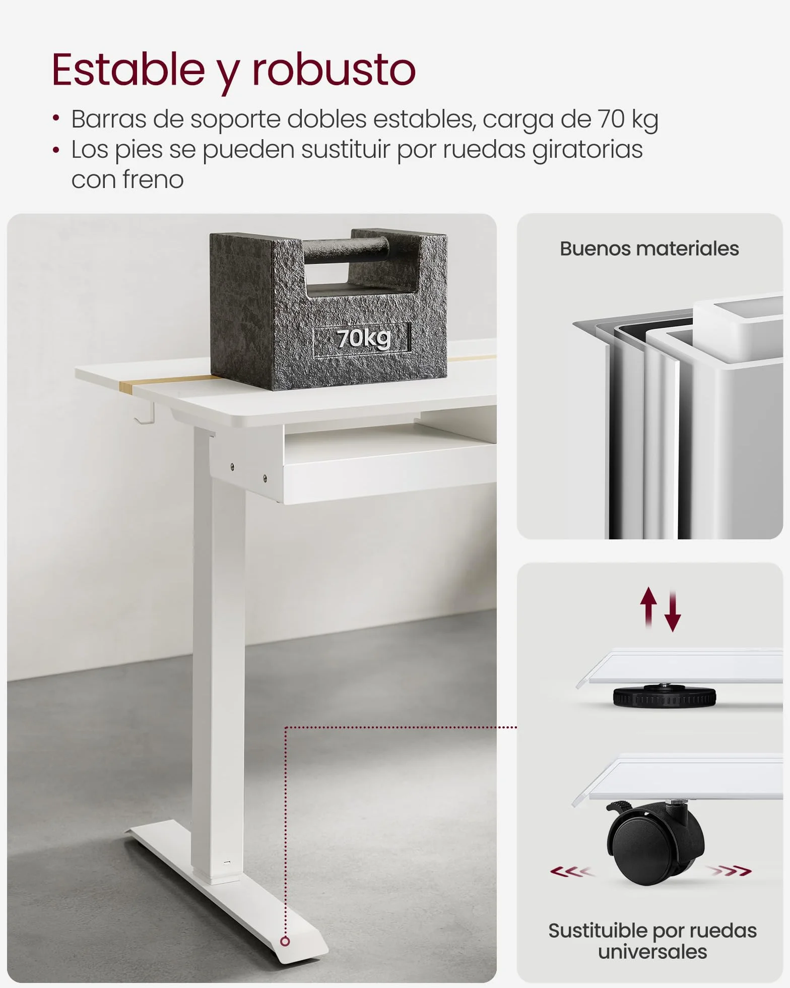 VASAGLE Escritorio Regulable en Altura 140x60 cm Mesa Eléctrica con Enchufe y Cajón Blanco