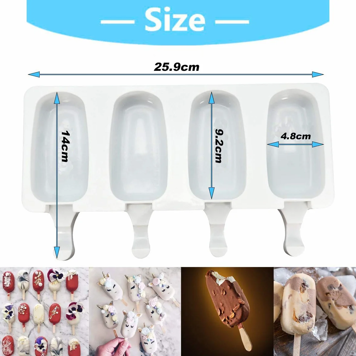 Moldes Helados Silicona sin BPA, 4 Cavidades con 50 Palos Madera, 2 Unidades