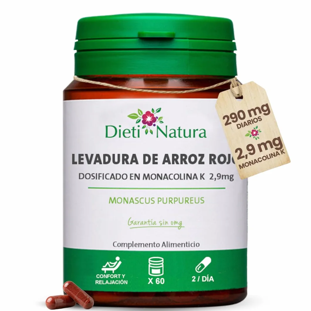 Dieti Natura Levadura de Arroz Rojo 60 Cápsulas 2,9mg Monacolina K para Reducir Colesterol Salud Cardiovascular