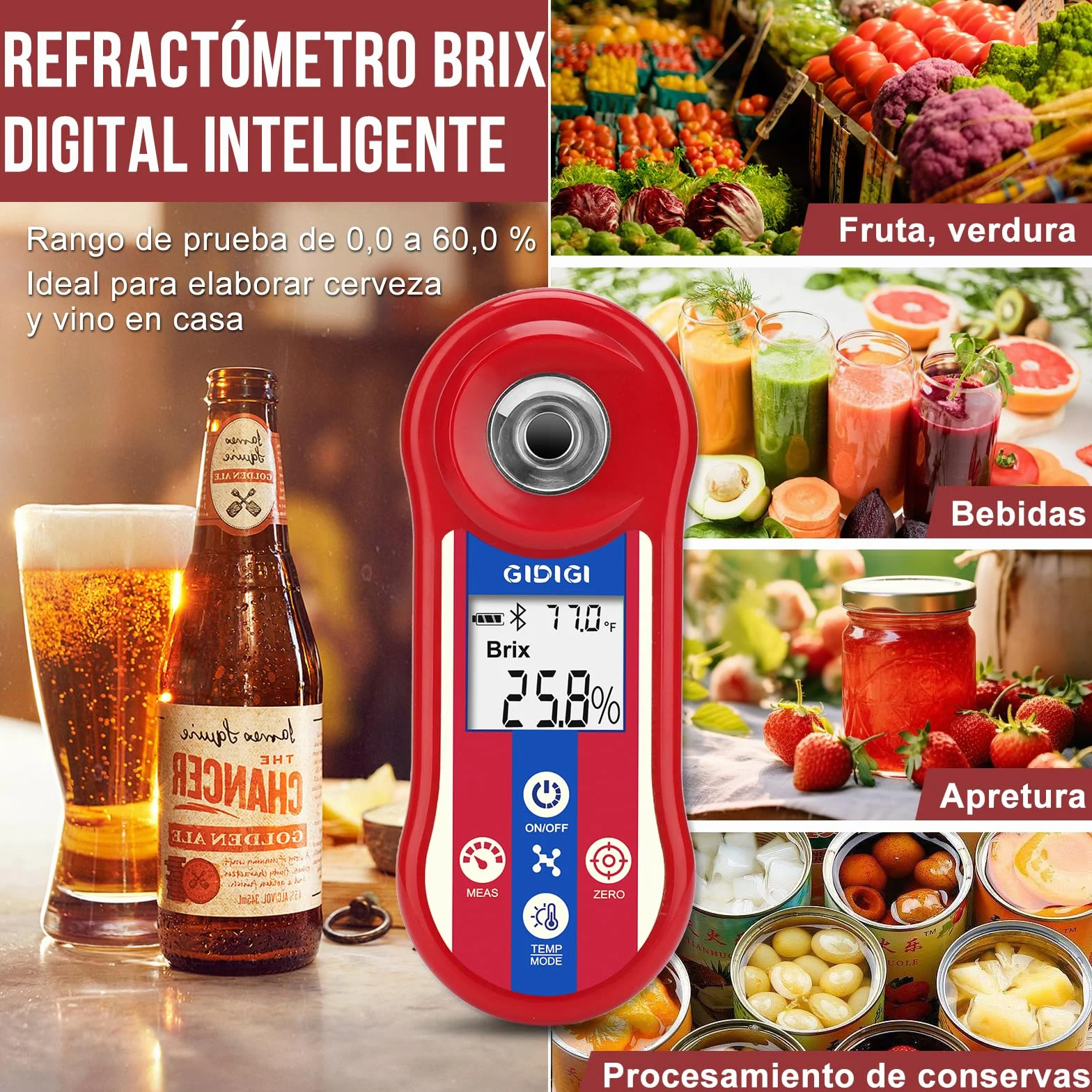 Brix - Refractómetro digital y comprobador de salinidad, medidor inteligente de azúcar Brix, refractómetro de sal para agua salada con ATC, rango de medición Brix 0,0-60% para frutas, vino y cerveza