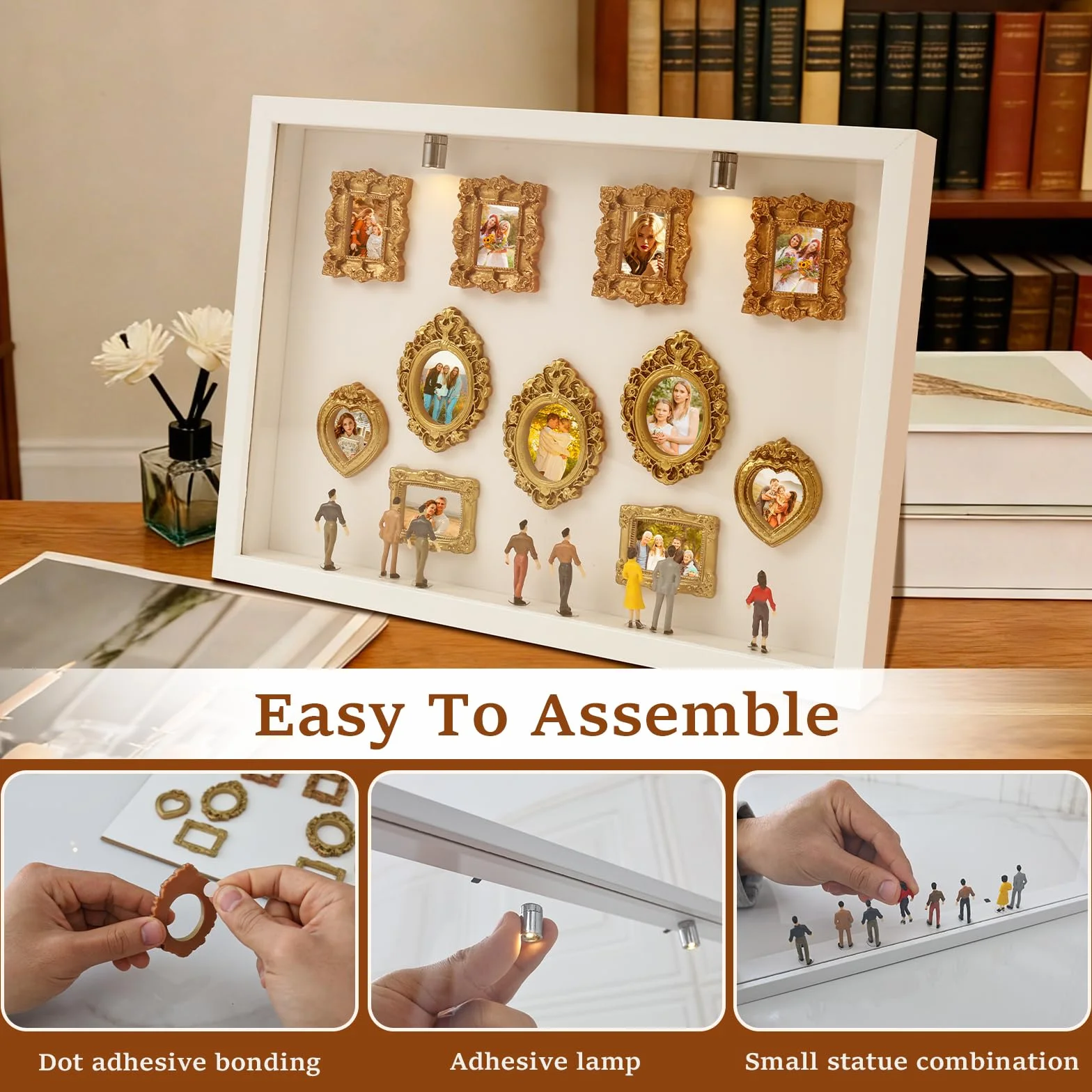 DIY Mini Museum Silhouette Box,Museum of Us DIY,Shadow Box,Miniatur Bilderrahmen,Foto Erinneranzeige Set mit 8/11 Mini Bilderrahmen Gold,8 Zufällig Figuren und 2 Lampen,für Jubiläg,Geschenk