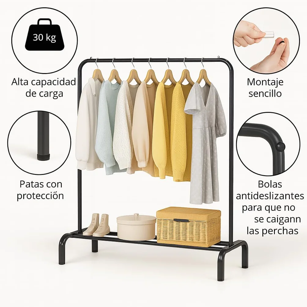 Perchero Burro Ropa Metálico 30kg Estrecho Sin Ruedas Zapatero Recibidor Dormitorio