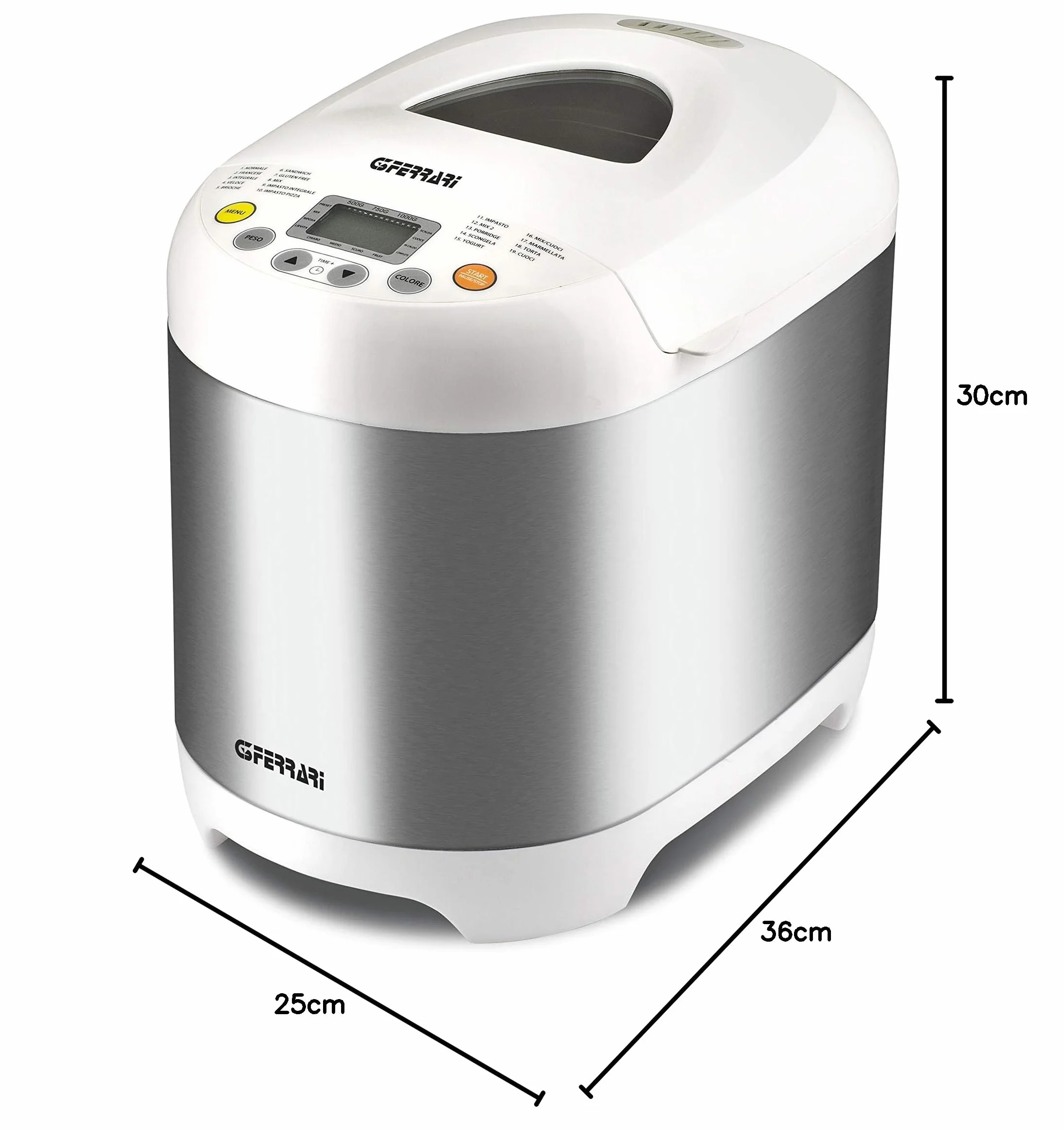 G3 Ferrari G10078 Panificadora para pan, chapata, panecillos y dulces, 550 W, Cuerpo en Inox, 3 niveles de tostado, recetario incluido, 19 programas: mermeladas, yogur, sin gluten, pizzas