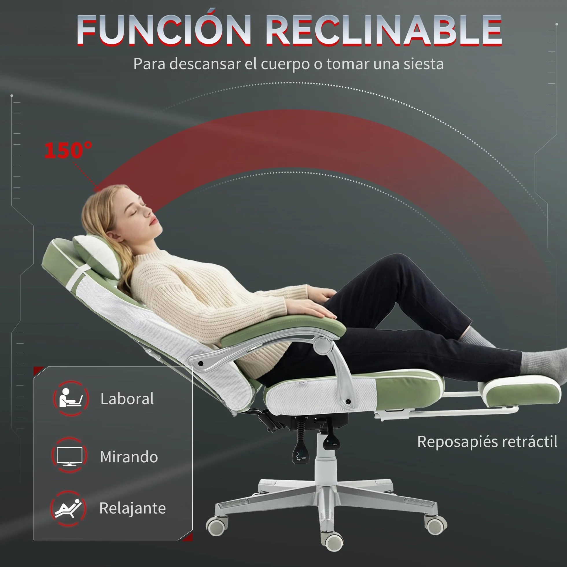 HOMCOM Silla Gaming Reclinable Altura Ajustable Reposapiés Retráctil Soporte Lumbar Reposacabezas Desmontable Verde