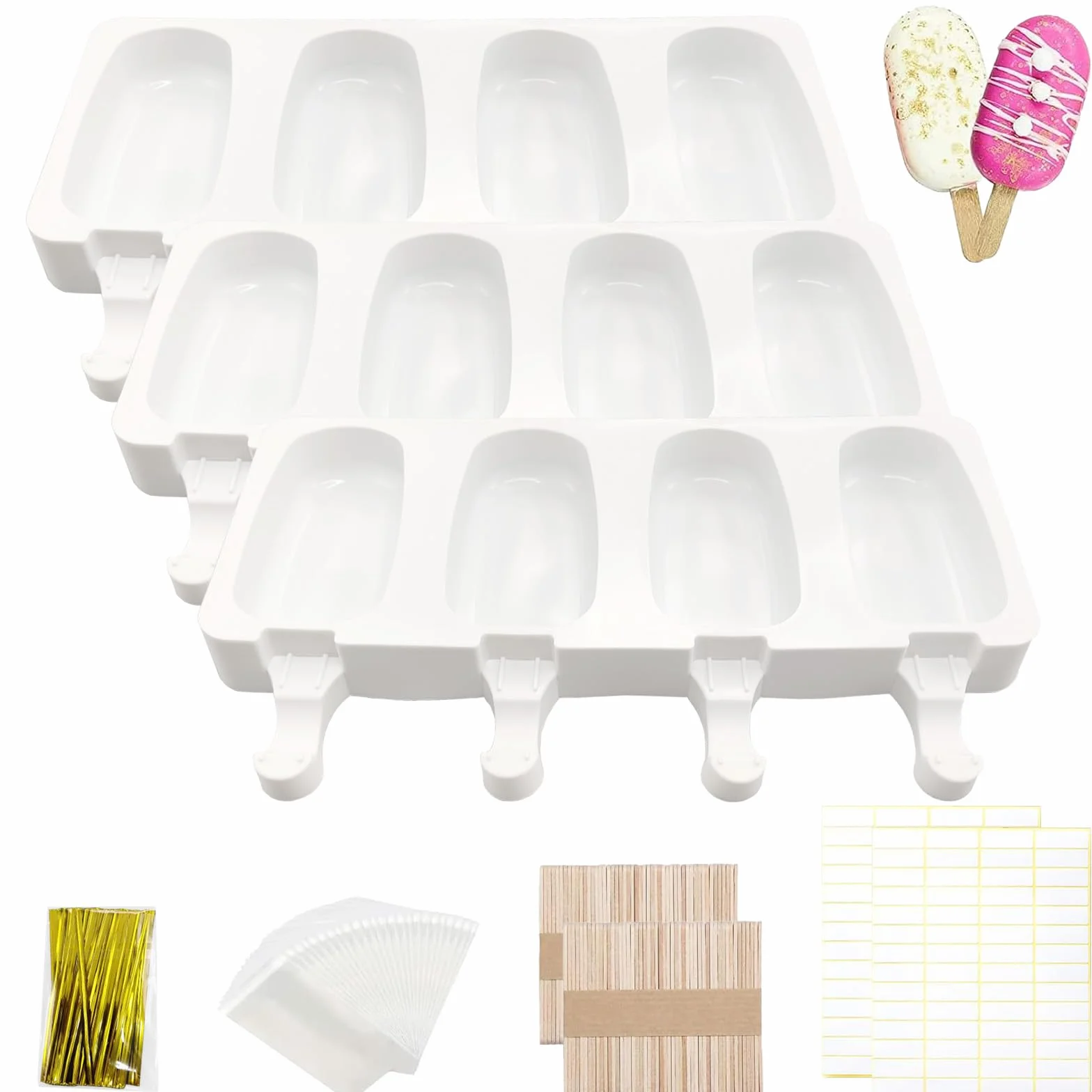 Moldes Helados Silicona sin BPA, 3 Piezas, con 100 Palos de Madera, Bolsas y Tiras