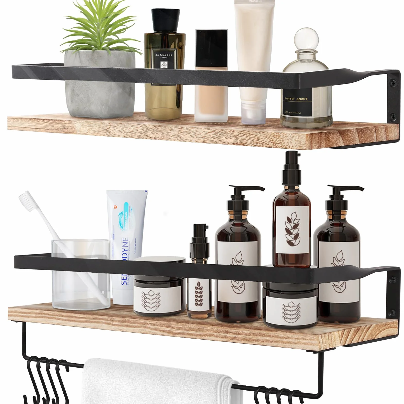 Uten Baldas Pared, Estante de Pared de 2 Niveles, Estante de Pared de Madera, 42 cm de Largo, 8 Ganchos, Adecuado para Dormitorio, Cocina, Baño, Sala de Estar, Solución Perfecta para Ahorrar Espacio