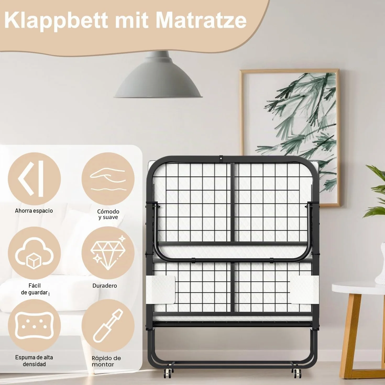 Cama plegable 90x200 cm con colchón de 13 cm, cama plegable para invitados para adultos, marco de metal estable, cama plegable con ruedas y funda protectora, cama de visita para ahorrar
