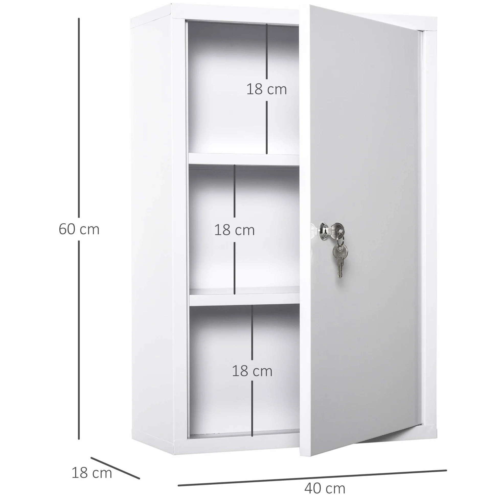 Kleankin Armario Botiquín de Pared de Metal 3 Estantes 40x18x60 cm Blanco