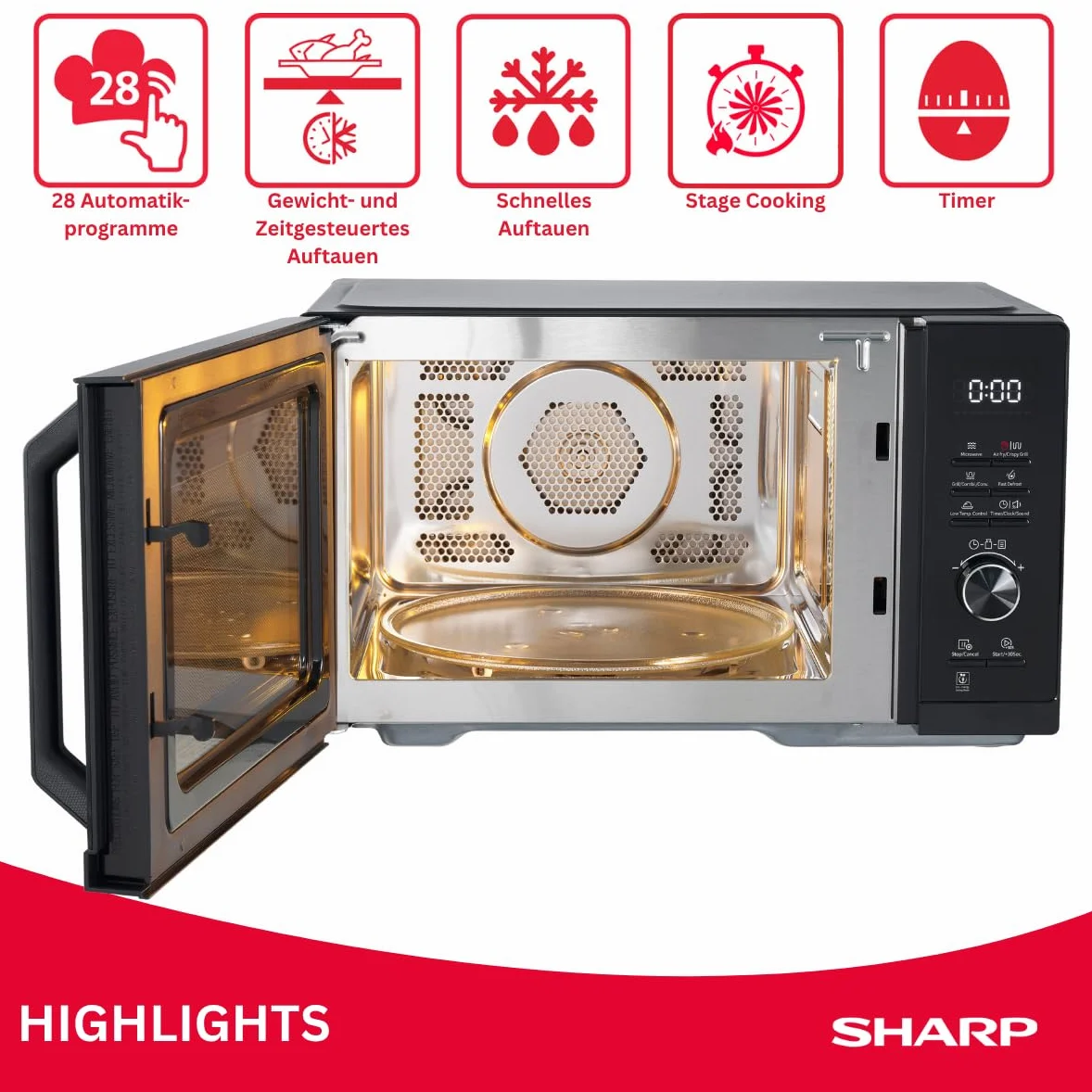 Sharp Microondas Airfry 5 en 1 RCA271TB 900 W, parrilla de 1000 W, aire caliente y función AirFry, convección 2100 W, 27 l, 28 descongelación automática, descongelación controlada por peso y tiempo