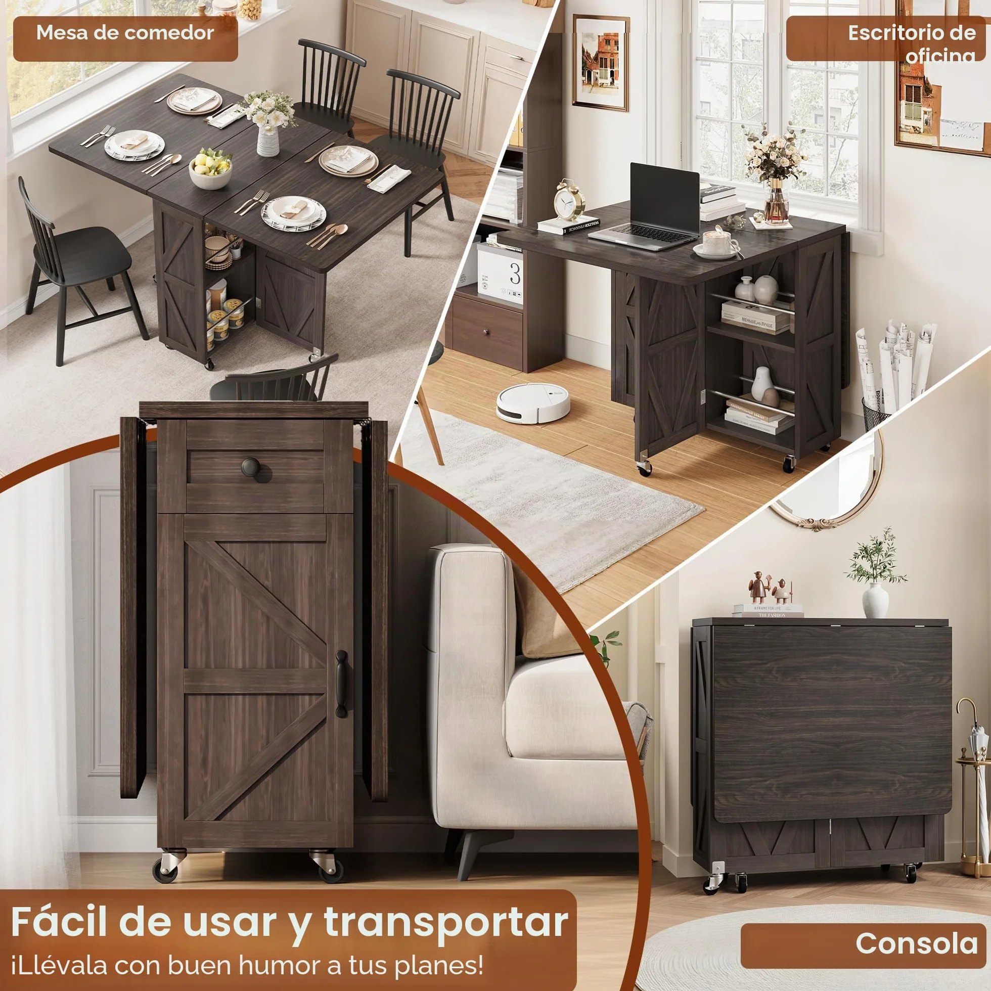 Jocoevol Mesa De Comedor Plegable con Ruedas, Mesa De Cocina con 1 Cajón Y 2 Áreas De Almacenamiento, Adecuada para 2-4 Personnas, para Espacios Pequeños, Comedor Y Cocina (Nogal Oscuro)