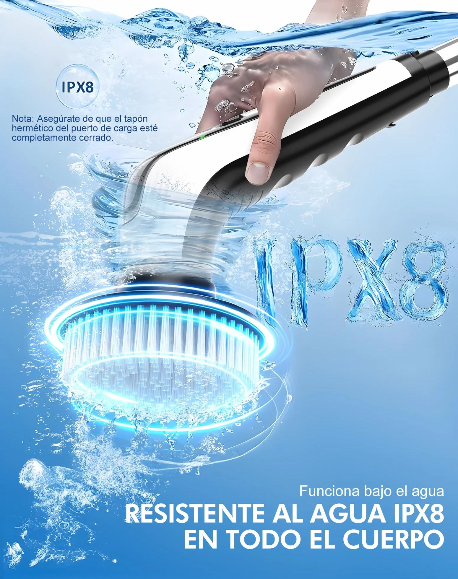 Cepillo Eléctrico Limpieza Hogar IPX8 Impermeable 3000mAh 2 Velocidades Mango Telescópico Ajustable