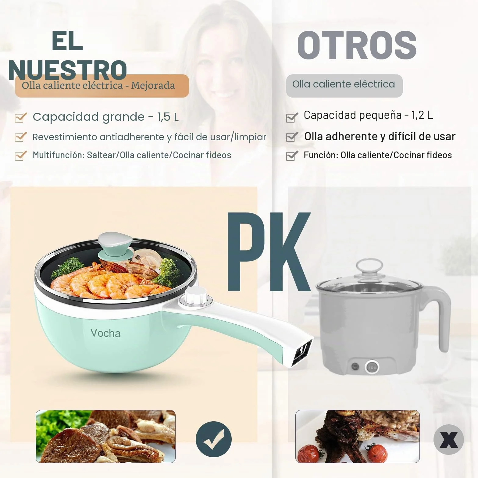 Vocha Mini Olla Eléctrica Antiadherente 20cm 1.5L Fondue Portátil Verde