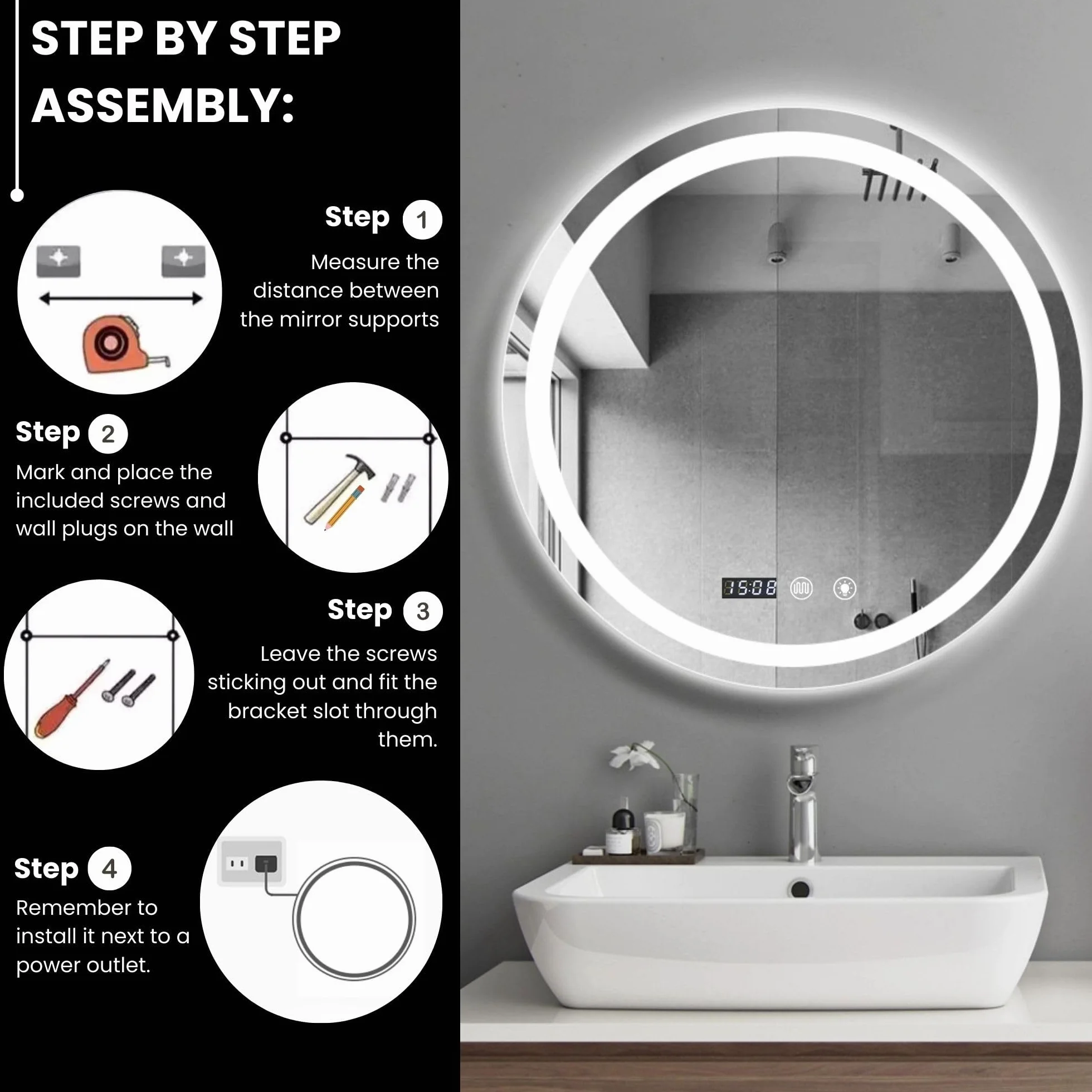 MAGIC SELECT Espejo de Baño con Luz. Espejo Redondo de Pared con Enchufe, 3 Tonos de Color, Ajuste de Brillo y Antivaho, con Indicador de Hora y Temperatura. Ideal para Baño o Tocador (80cm)