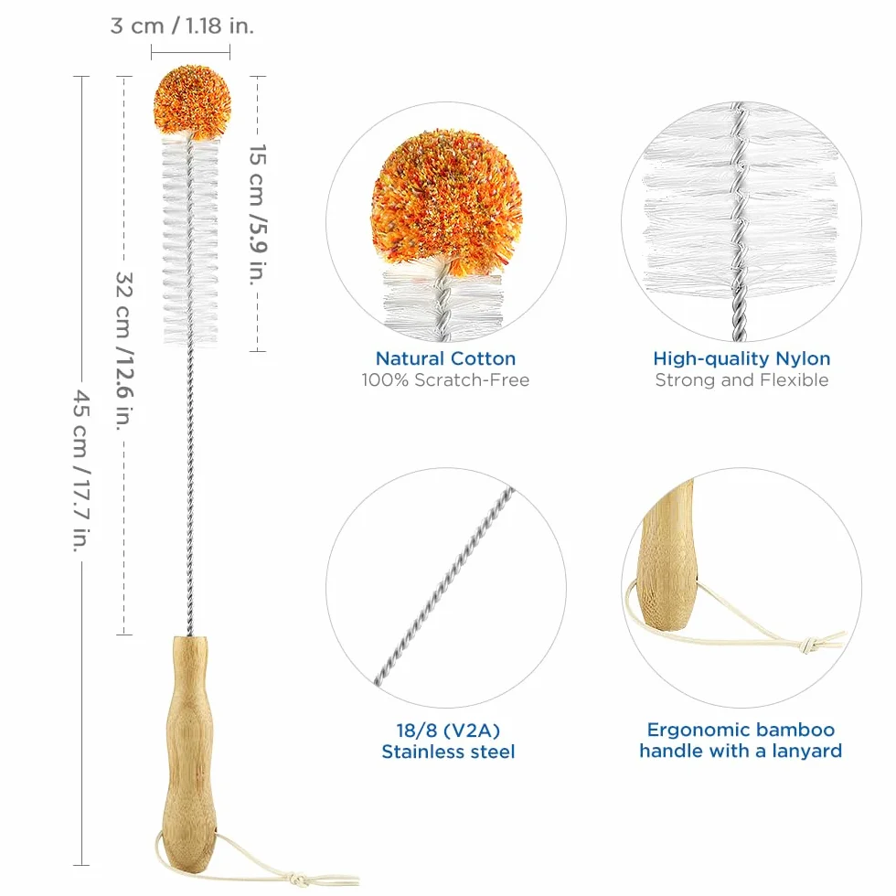 ecooe Cepillo para Botellas sin arañazos 45 cm con Pompón de Peluche Suave, Limpiador de Botellas, Cepillo de Limpieza, Adecuado para Botellas SodaStream Crystal Duo, jarrones