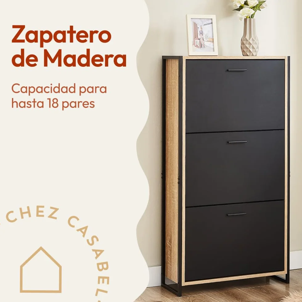 CASABEL Mueble Zapatero 18 Pares, 3 abatibles, Mueble Zapatero de Entrada con Estructura metálica Reforzada Negro, abatibles Madera Clara, instalación rápida, 23,5x63x119cm