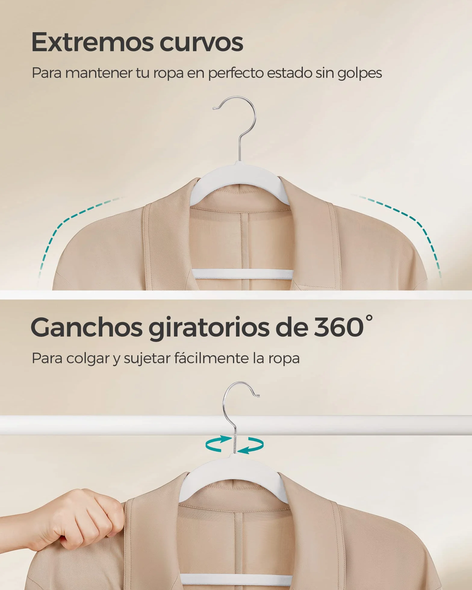 SONGMICS Perchas de Terciopelo Juego 30 Piezas Antideslizantes Ranuras Hombros Barra Pantalones Gancho Giratorio 360° 0,6 cm Grosor 43 cm Largo Blanco