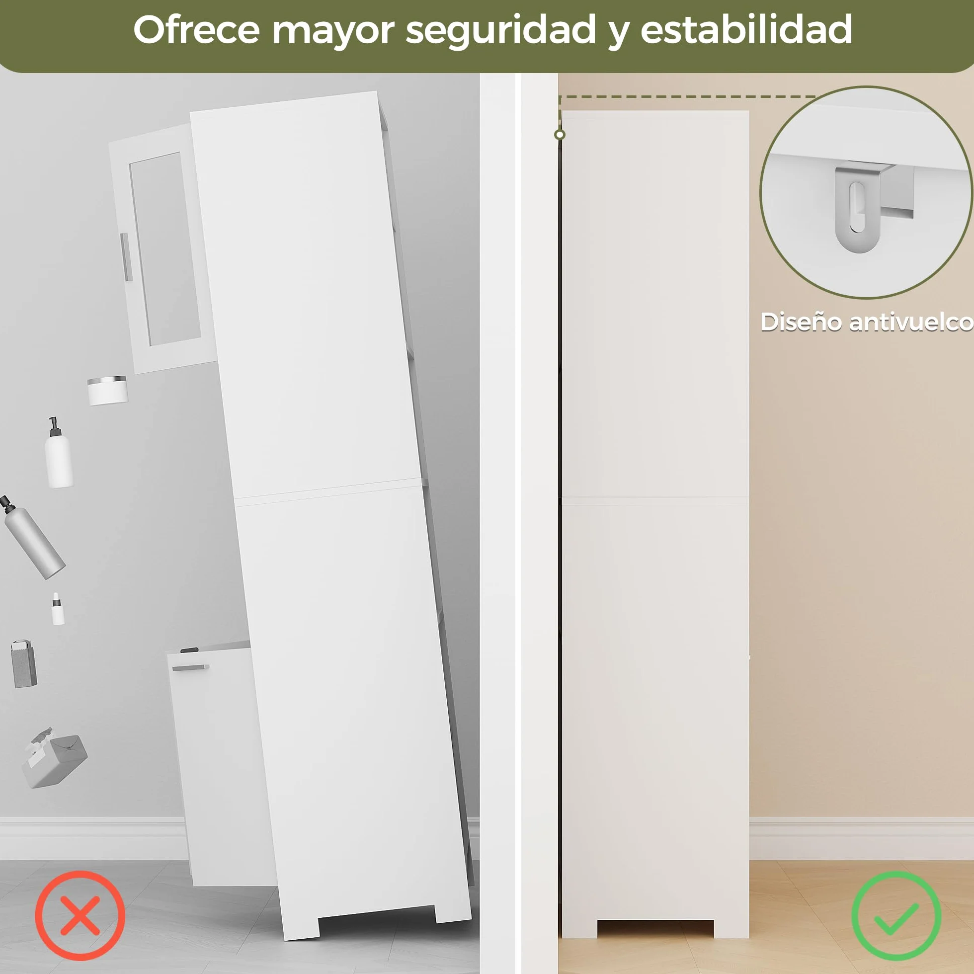 BEWISHOME Armario Alto de Baño 40x60x180 cm Blanco con 2 Estantes Ajustables