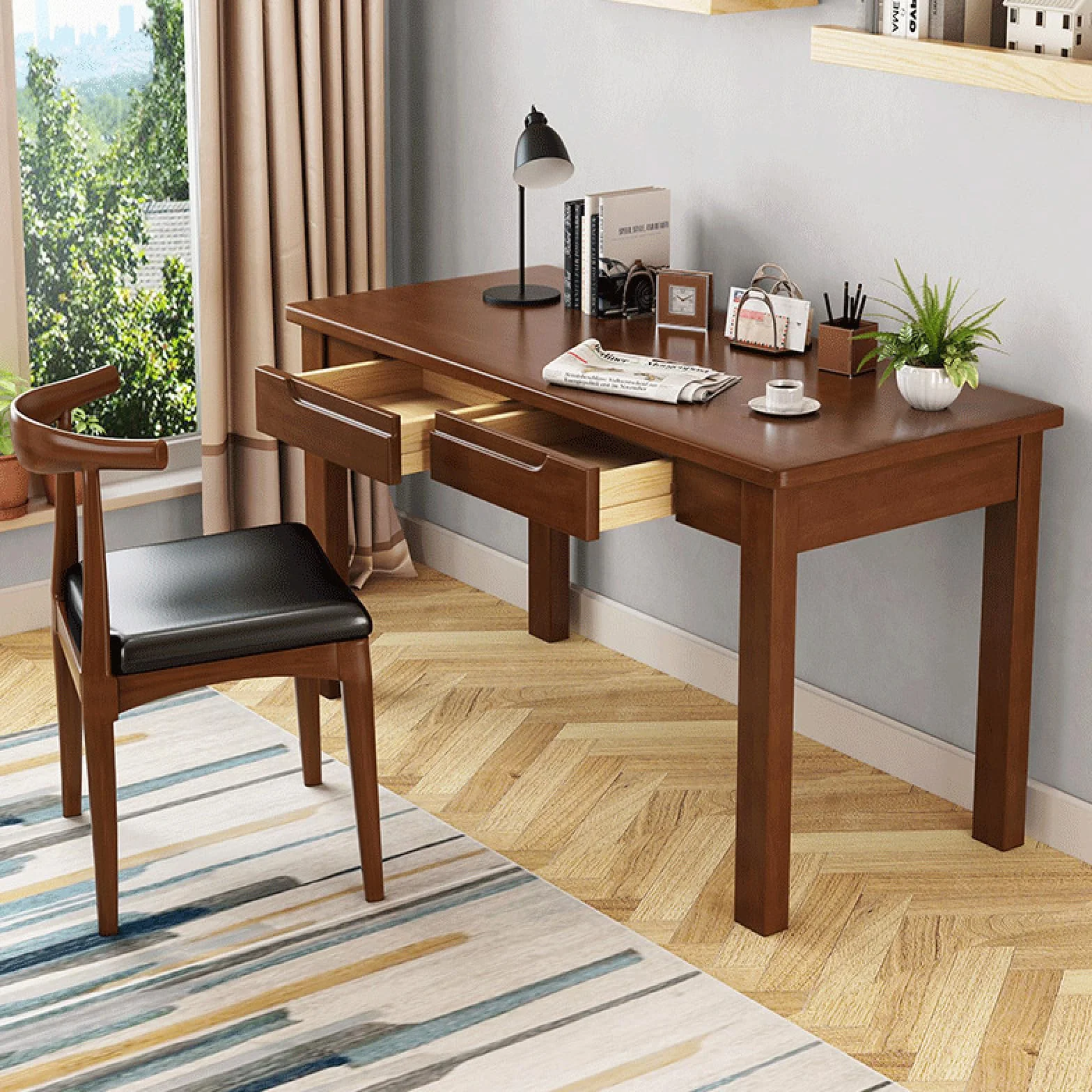 Escritorio de Madera de Roble 100% Macizo: Mesa de Estudio pequeña con 2 cajones, Escritorio de Oficina en casa Sencillo y Moderno, Escritorio de computadora (39 Pulgadas, Nogal)