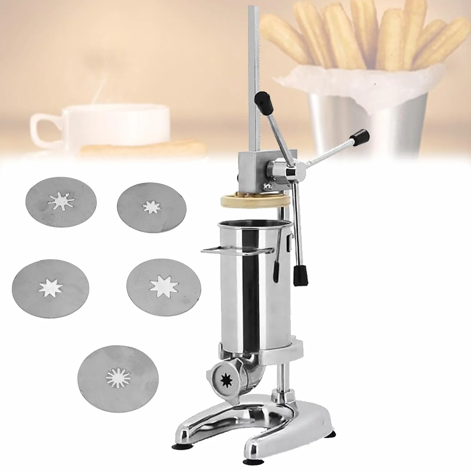MáQuina para Hacer Churros Manual, MáQuina para Hacer Rellenos De Churros, MáQuina para Hacer Churros De Rosquillas EspañOlas Manual Comercial De 2 L, 5 Tipos De Moldes 3L