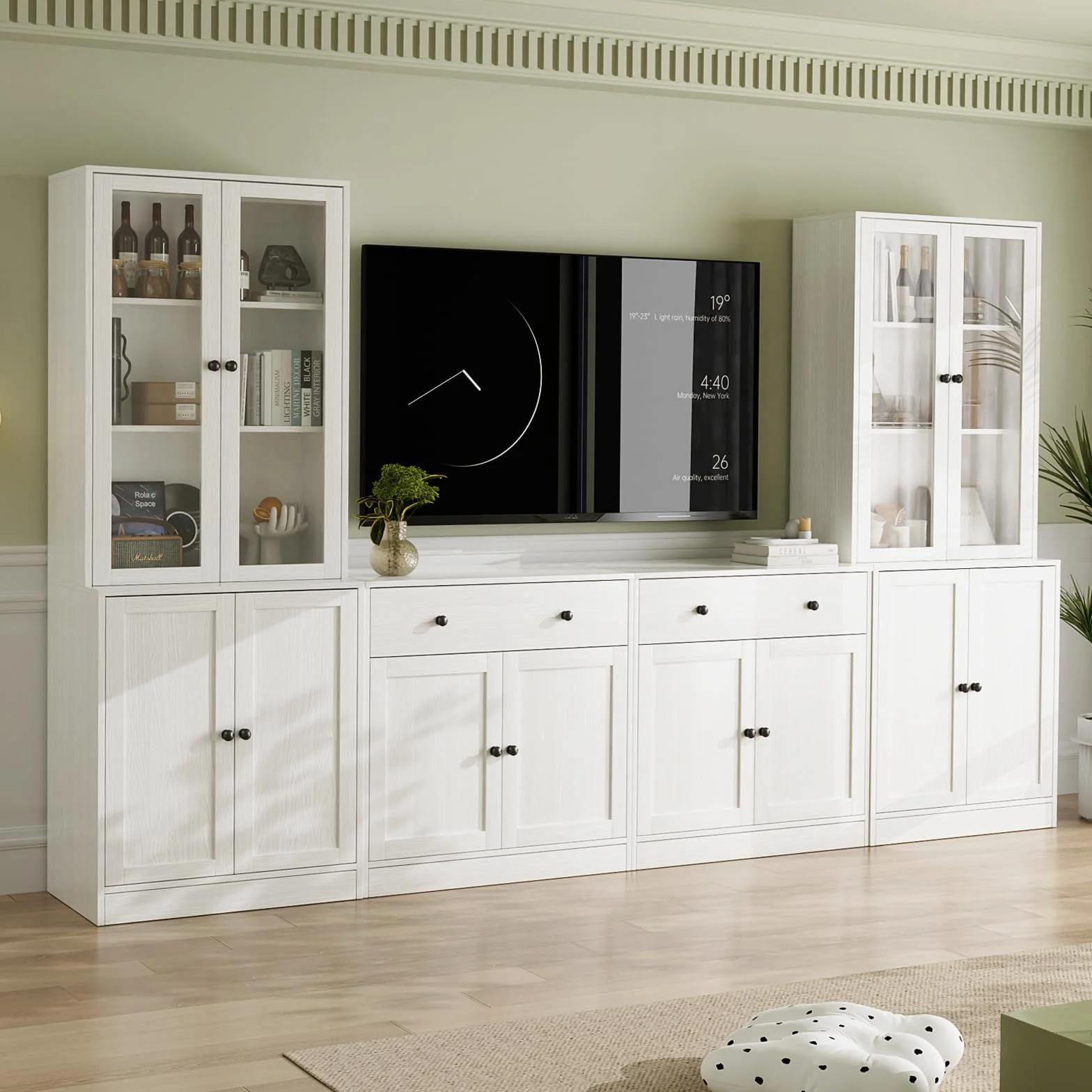VOWNER Grande Mueble de TV para Televisores de hasta 70 Pulgadas, 280 x 180,3 x 40 cm, Mesa de TV, Módulo TV, Mueble de Salón Moderno con Cajones y Puertas de Cristal, 2A+2D (Blanco)