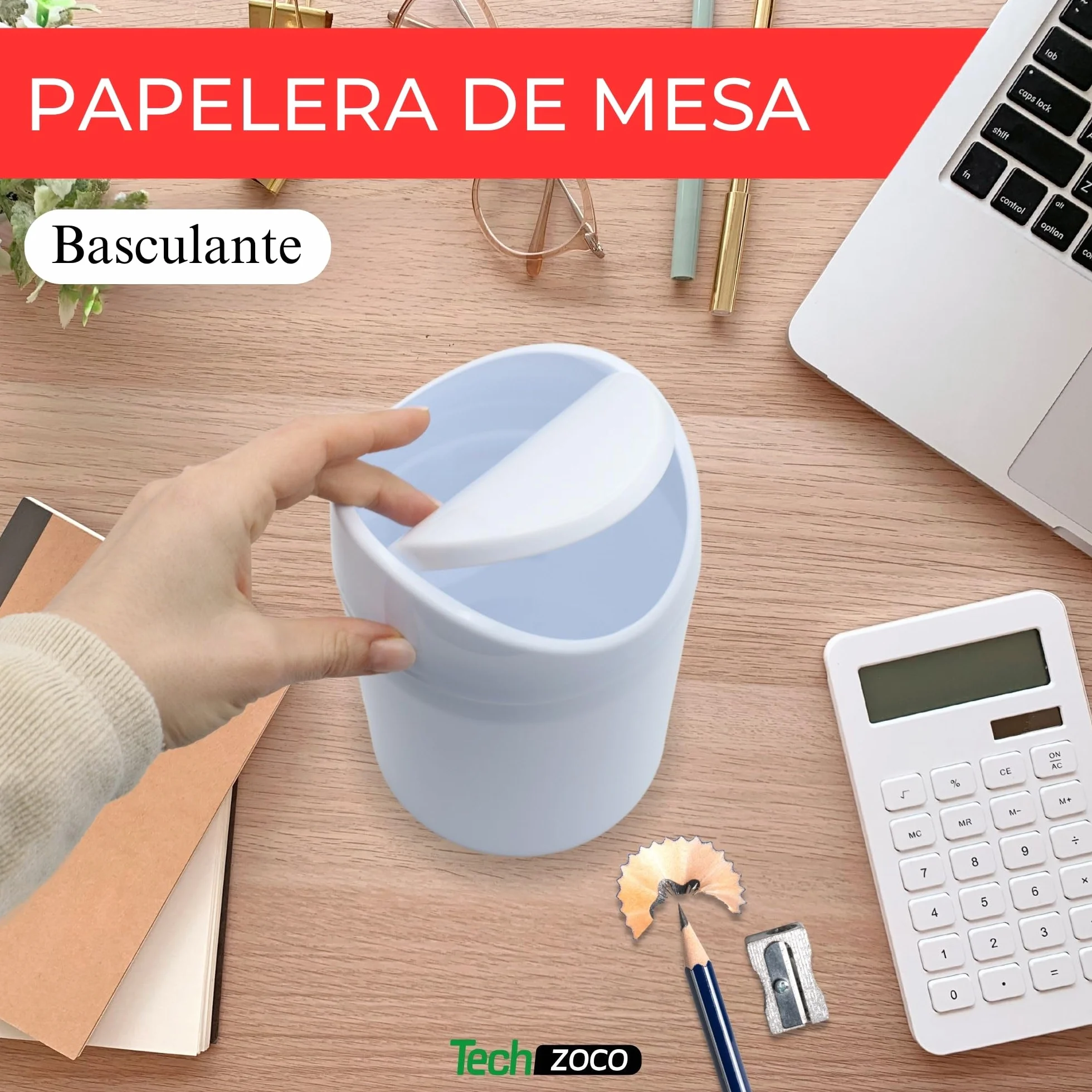 TECHZOCO Papelera de mesa con tapa abatible, Mini Basurero de Mesa, Cubo de Basura para Escritorio, Papelera Escritorio de Oficina, 17.5 cm de altura, Plástico, 1.4 Litros, Blanco