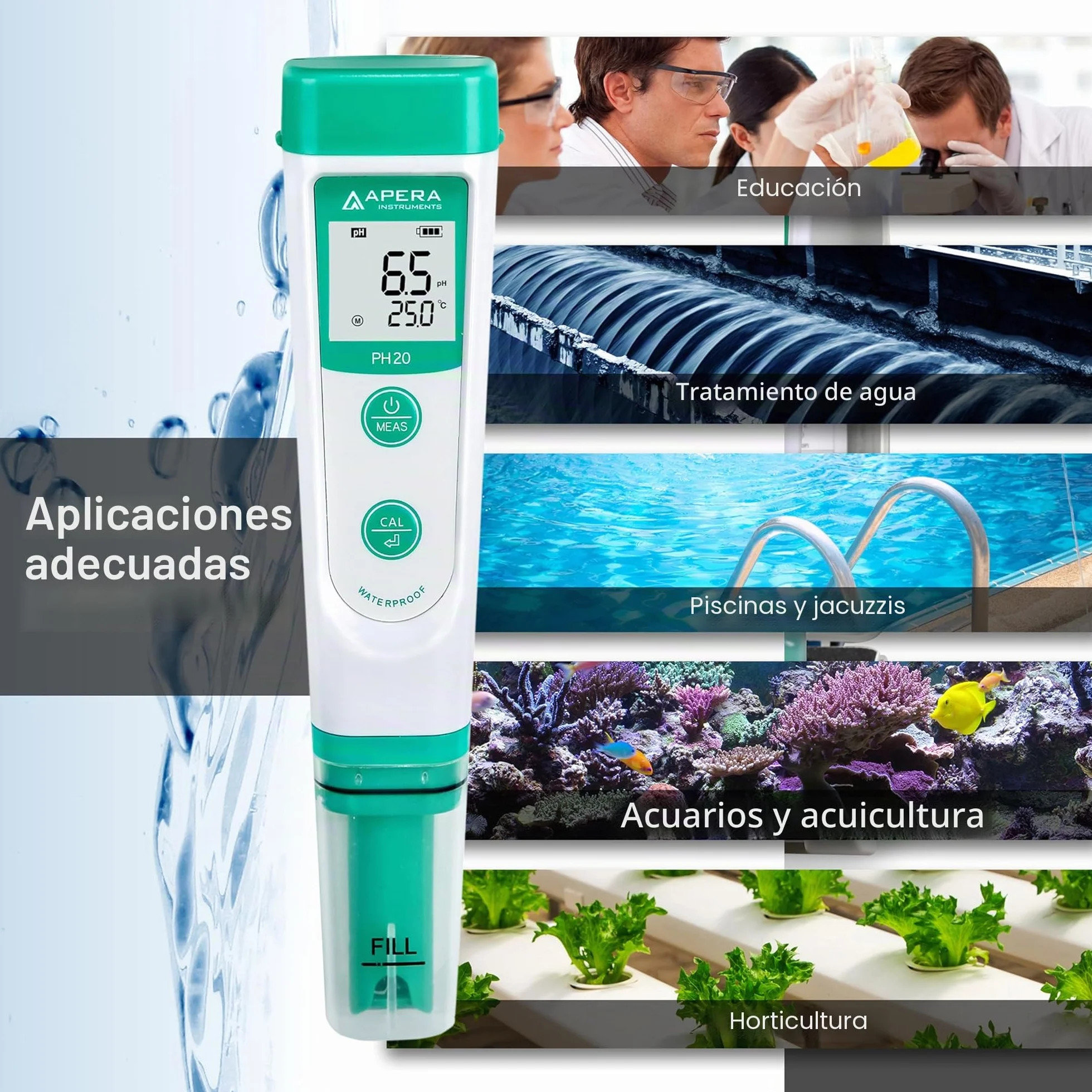 Medidor de pH PH20 de Apera Instruments, medidor de bolsillo (precisión ± 0,1 pH, rango de medición pH 0-14, resistente al agua, indicador de temperatura) Juego con soluciones de calibración