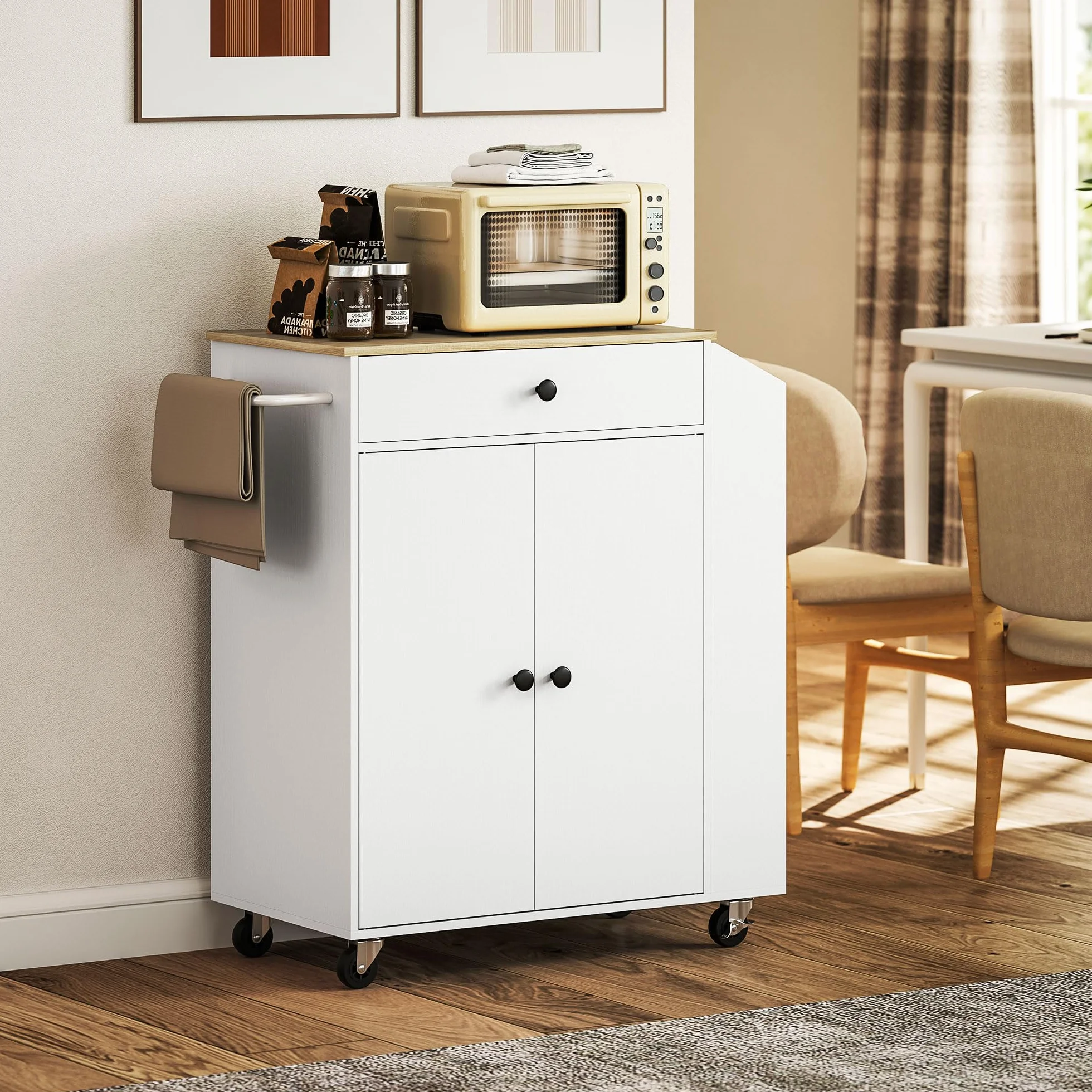 HOMCOM Isla de Cocina con Ruedas Carrito de Cocina Mueble Auxiliar de Cocina con 2 Puertas Cajón Especiero de 3 Niveles Toallero y Estante Ajustable 82x38x86,5 cm Blanco