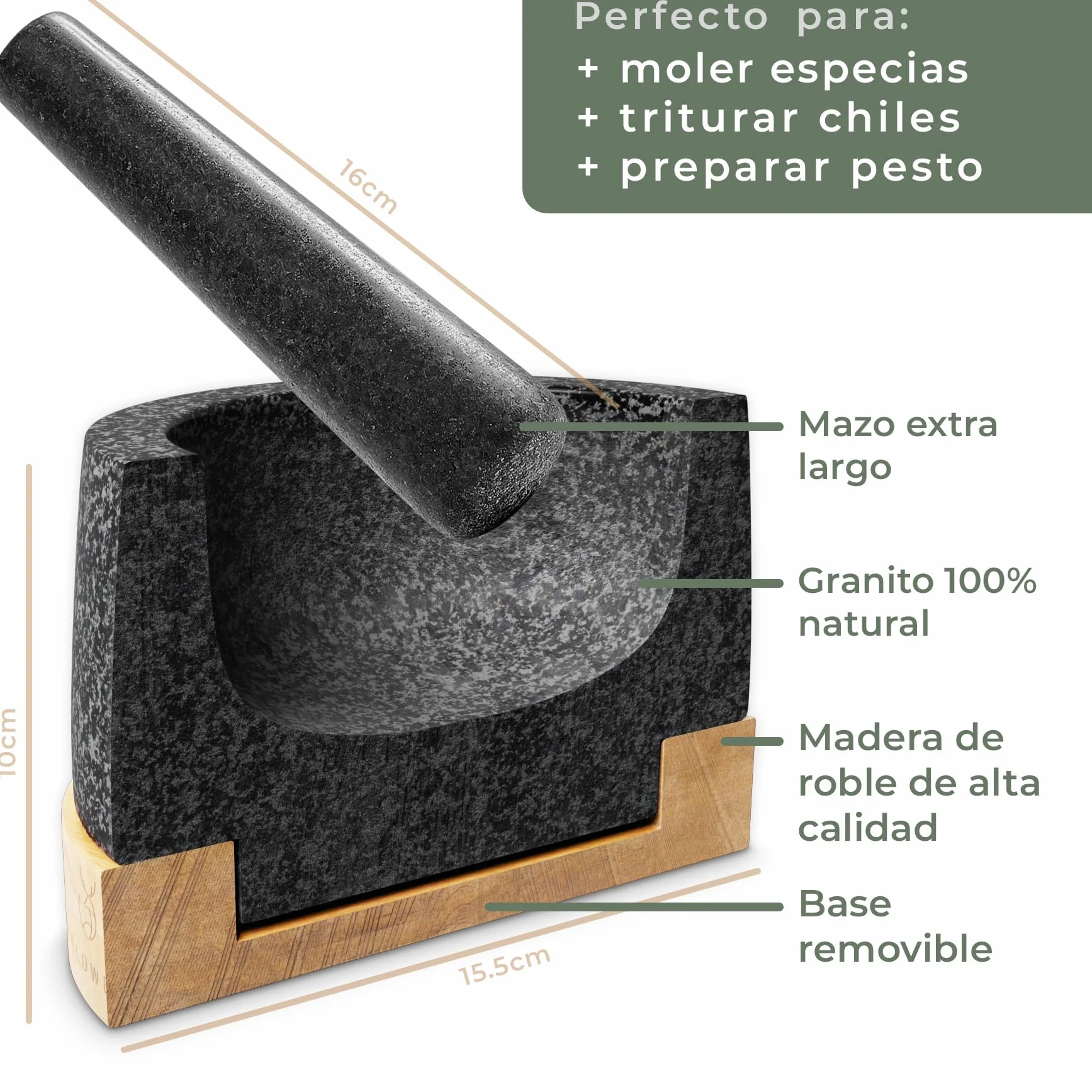 WALDWERK Mortero con Mano (14 cm de diámetro) – Mortero cocina sobre una base elegante y estable de madera de roble – Mortero piedra con mazo extra largo de granito natural