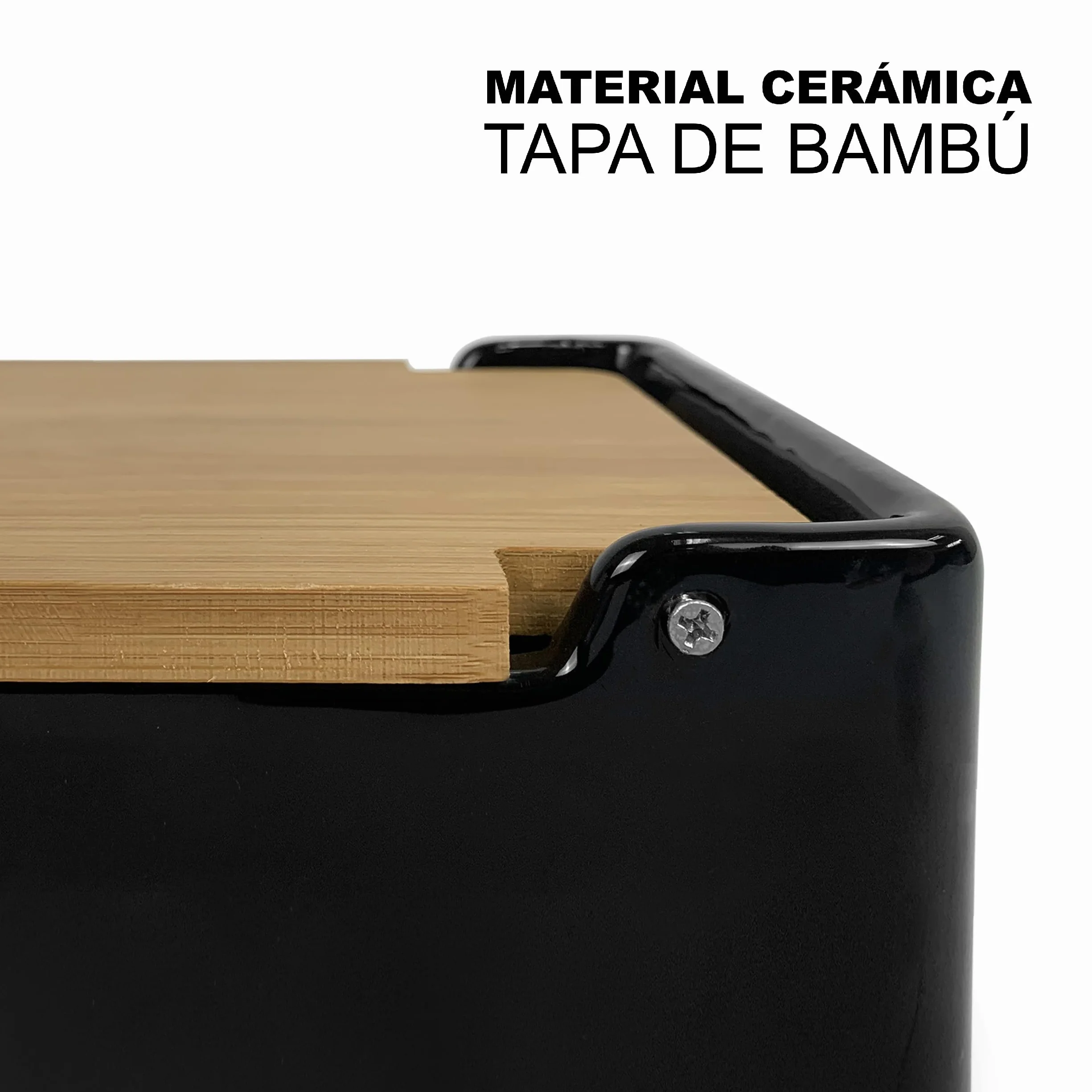 Salero de Cocina de Cerámica con Tapa de Bambú Negro Mate 12,2 x 12,2 x 11,5 cm