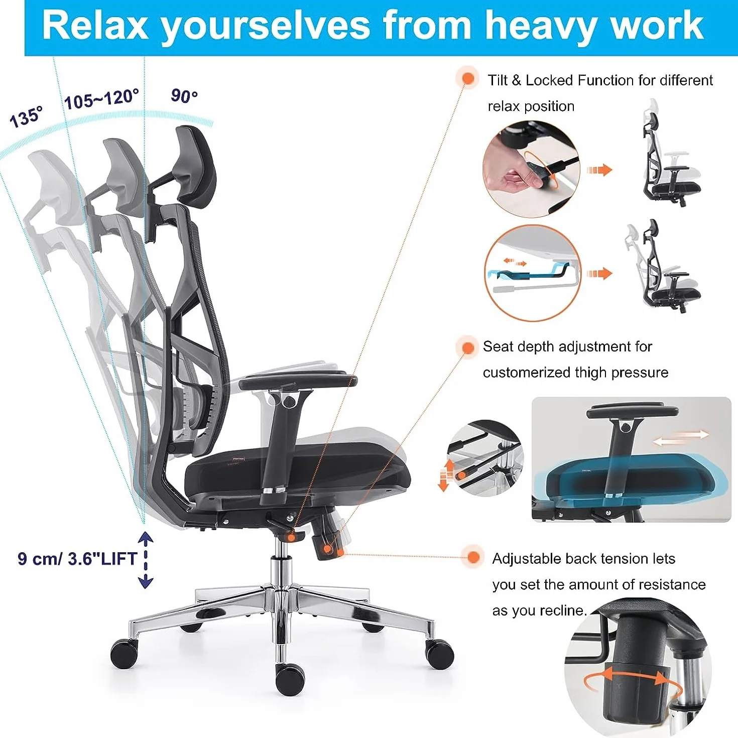 Silla de Oficina Ergonómica con Respaldo Adaptativo, Reposabrazos 4D, Soporte Lumbar, Negro